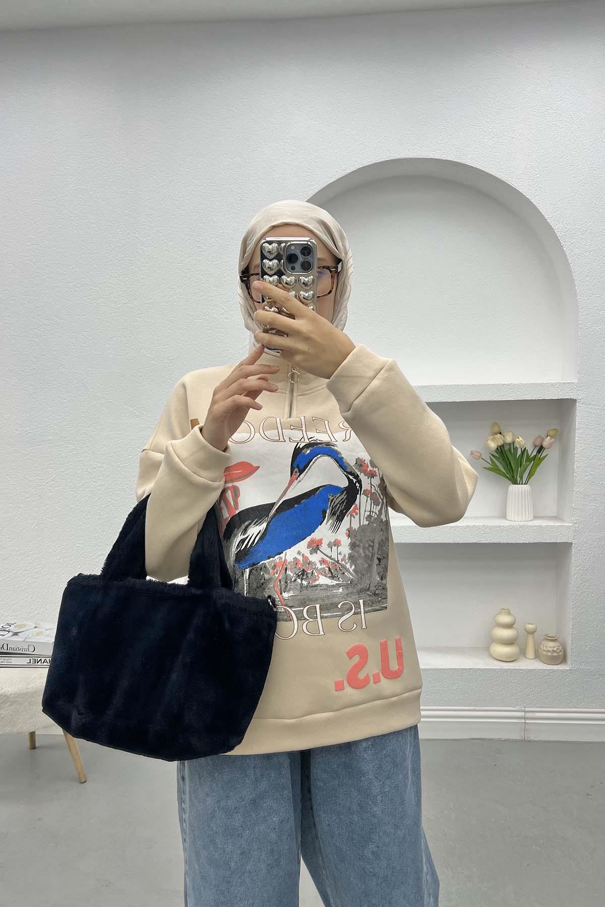 Baskılı Üç İplik Sweatshirt Bej