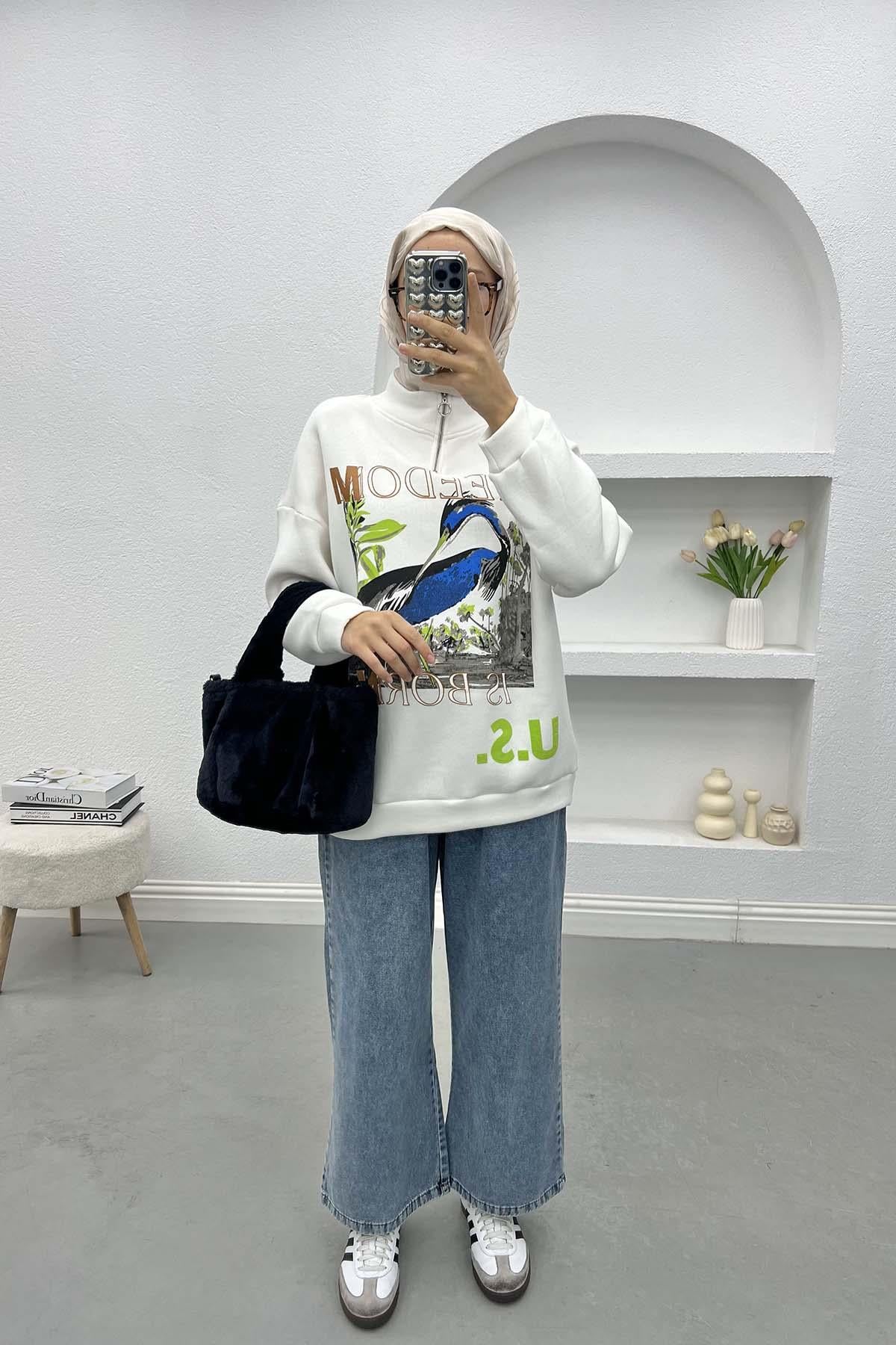 Baskılı Üç İplik Sweatshirt Beyaz