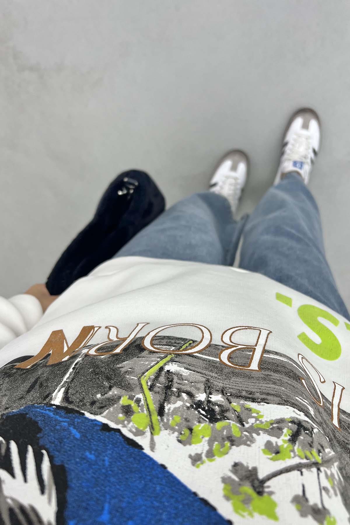 Baskılı Üç İplik Sweatshirt Beyaz