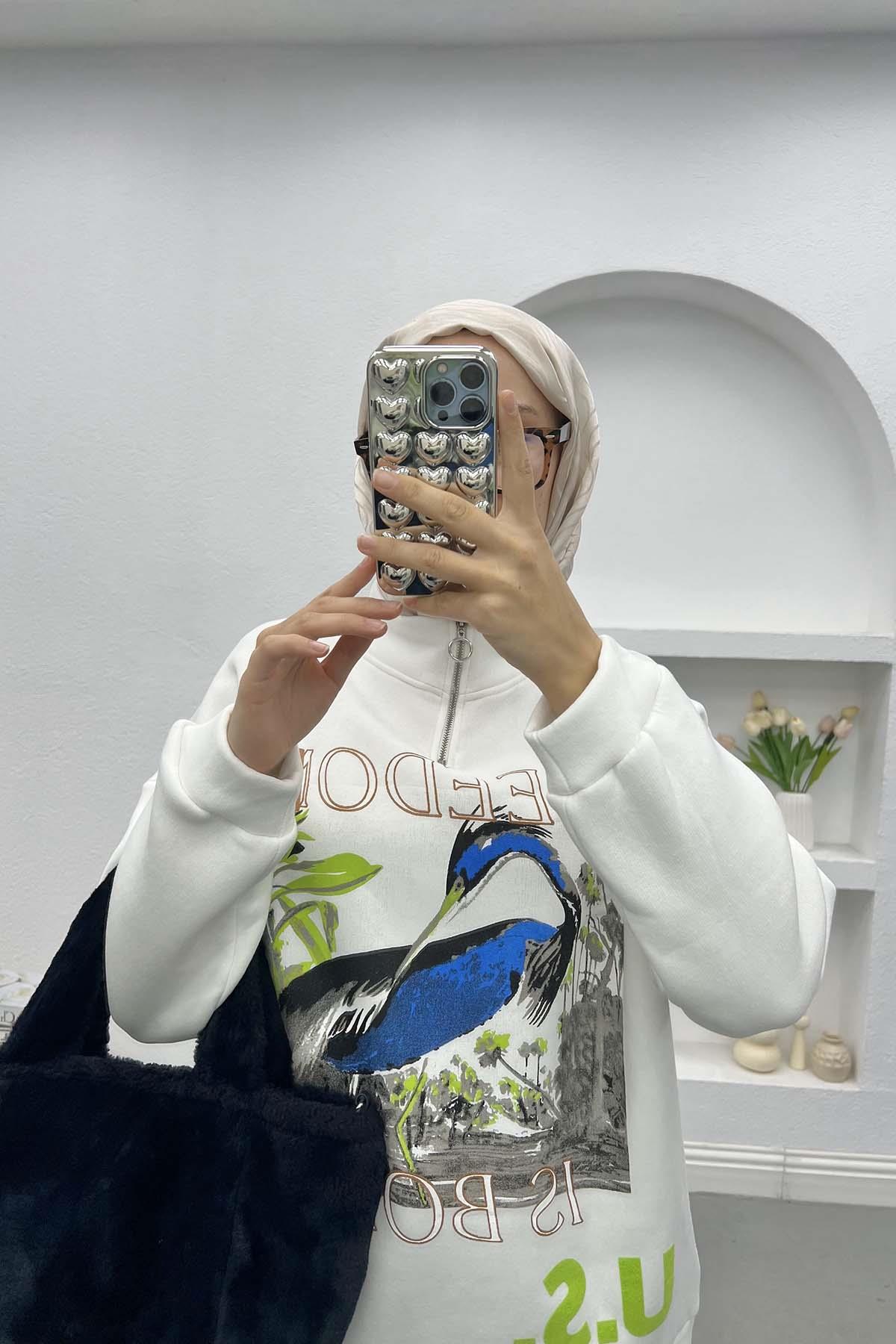 Baskılı Üç İplik Sweatshirt Beyaz
