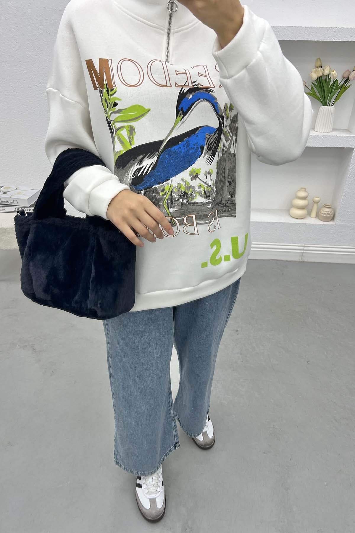 Baskılı Üç İplik Sweatshirt Beyaz