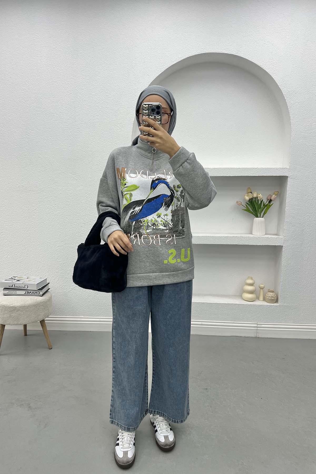 Baskılı Üç İplik Sweatshirt Gri