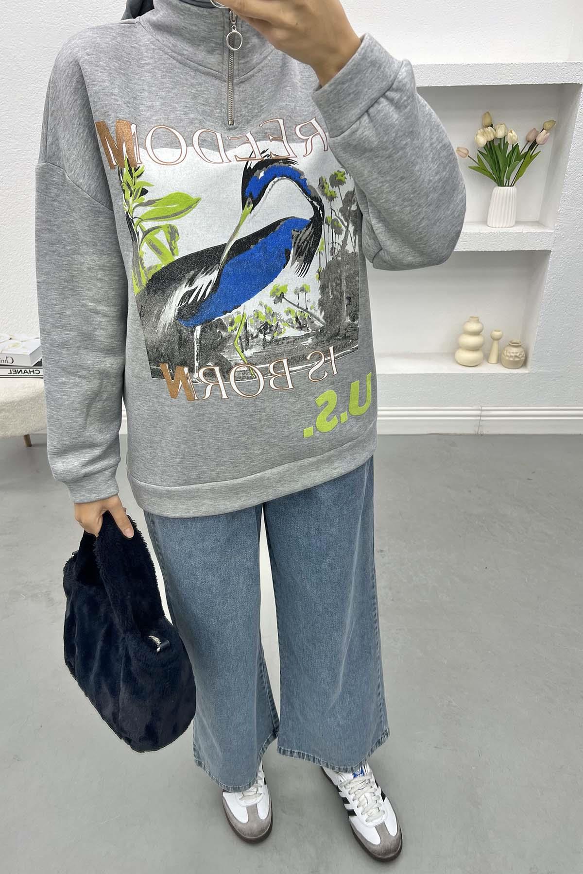 Baskılı Üç İplik Sweatshirt Gri