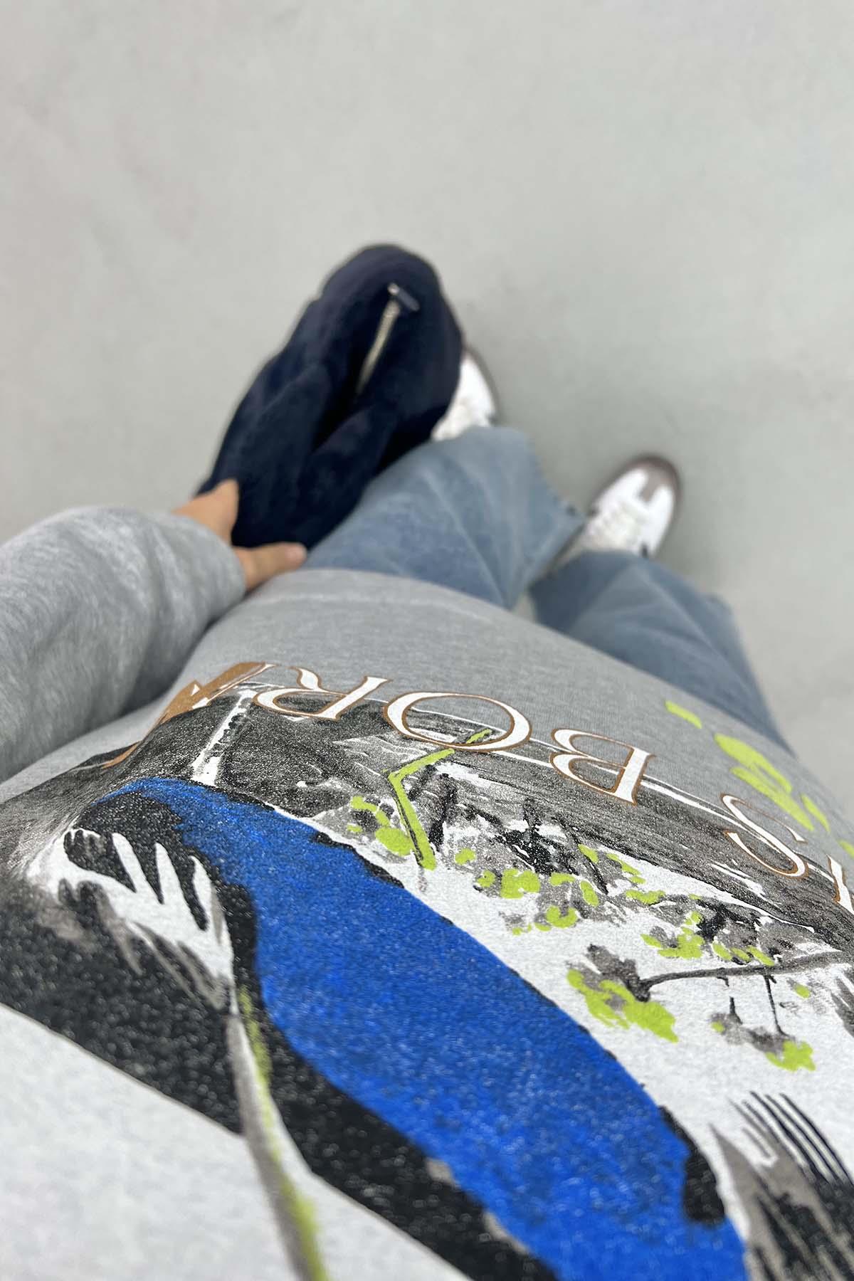 Baskılı Üç İplik Sweatshirt Gri