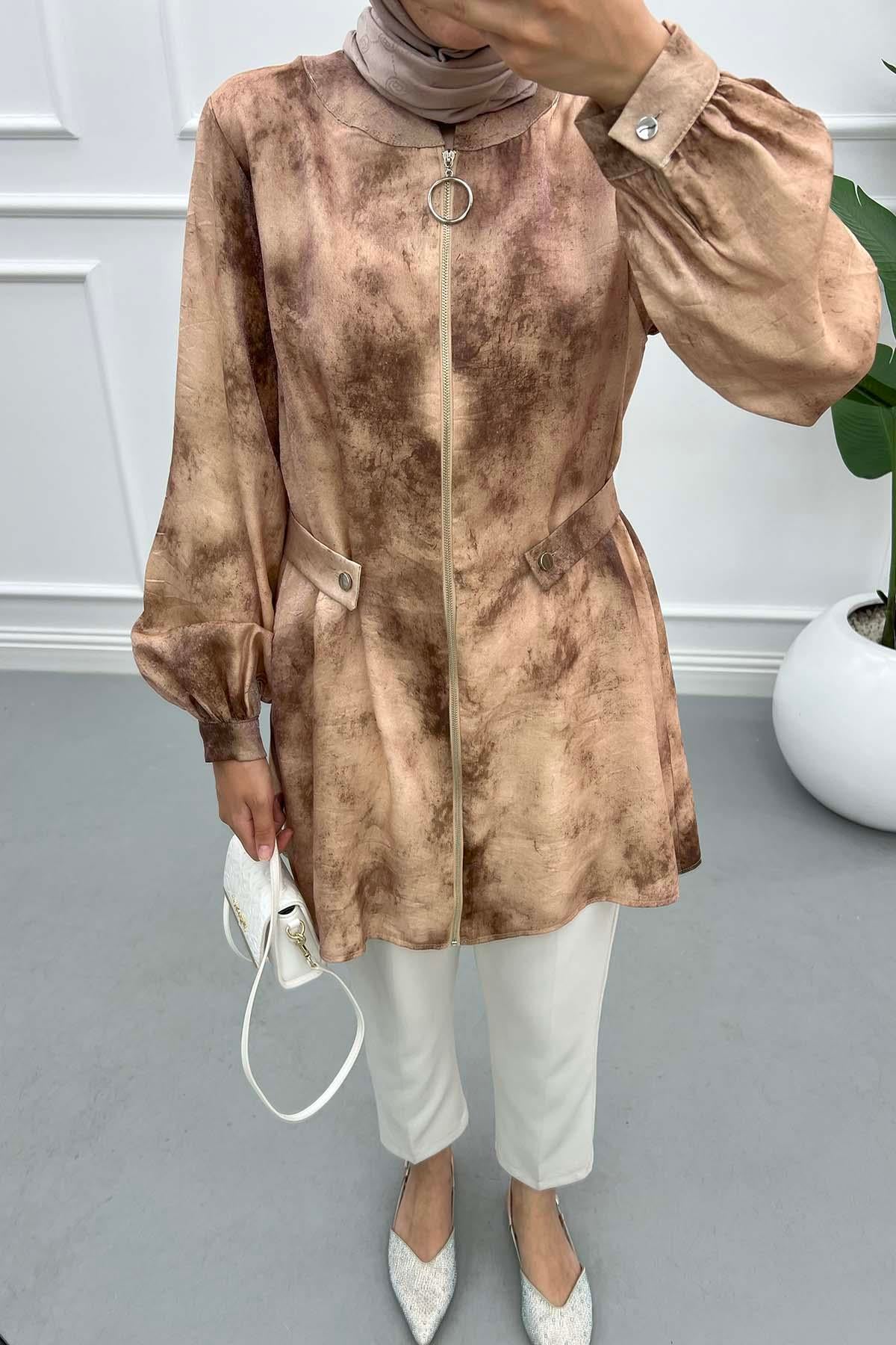 Batik Desen Fermuarlı Tunik Sütlü Kahve