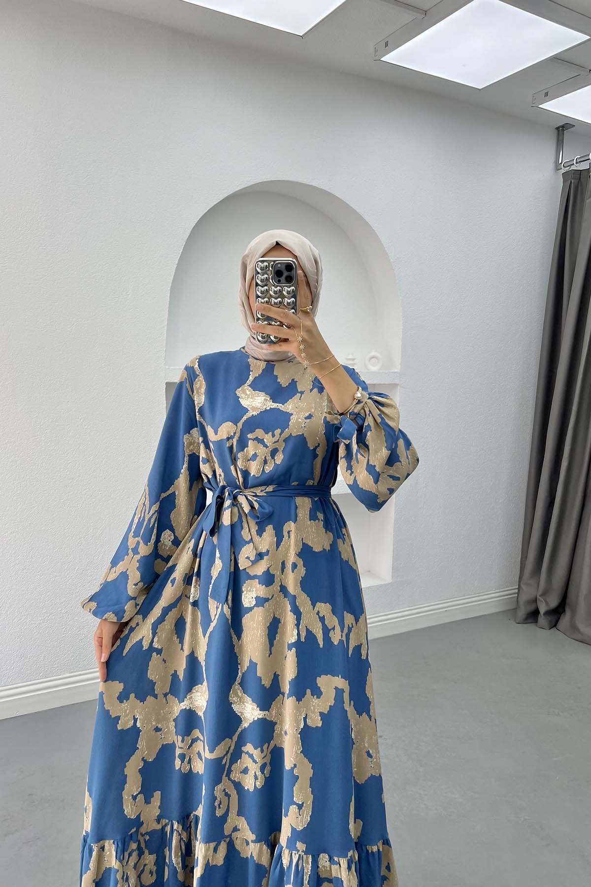 Batik Desenli Elbise Lacivert