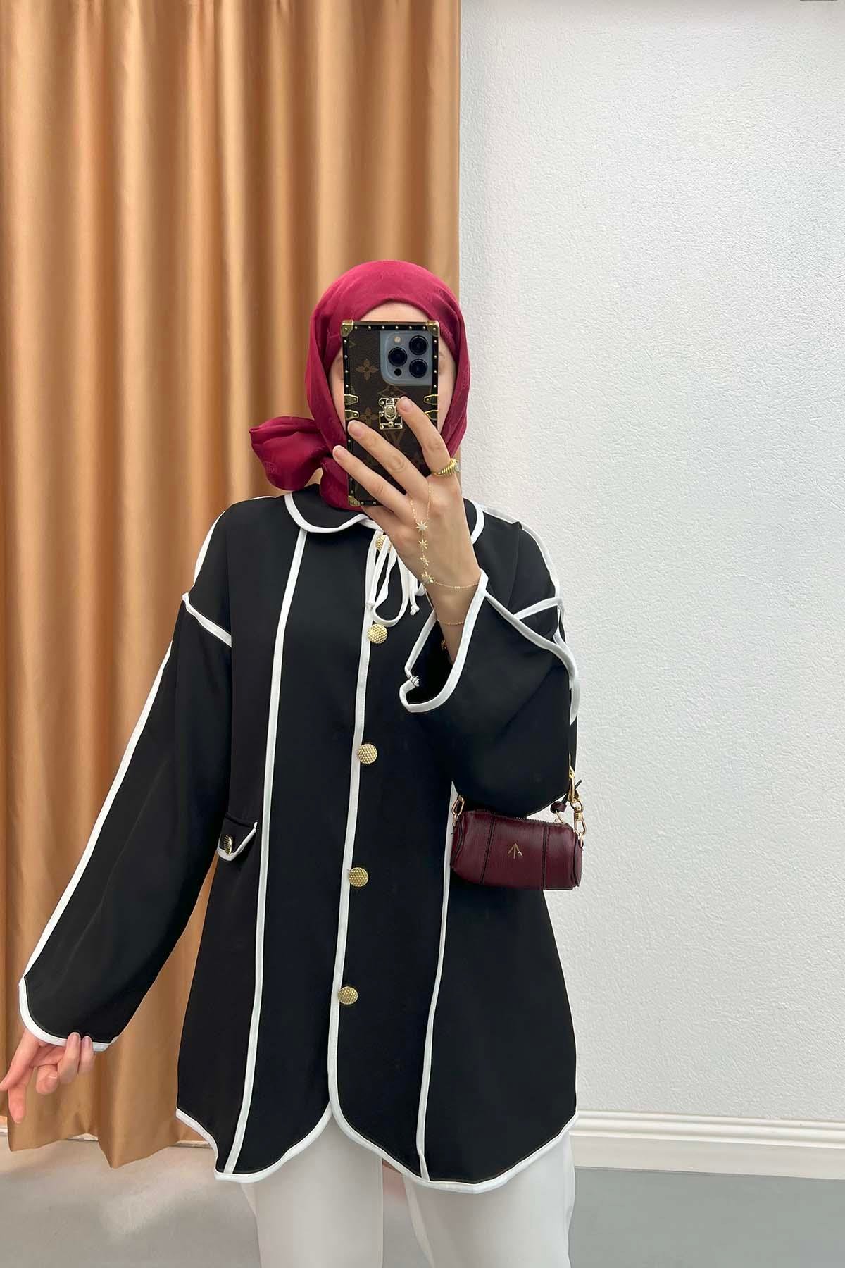 Bebe Yaka Biyeli Ceket Siyah