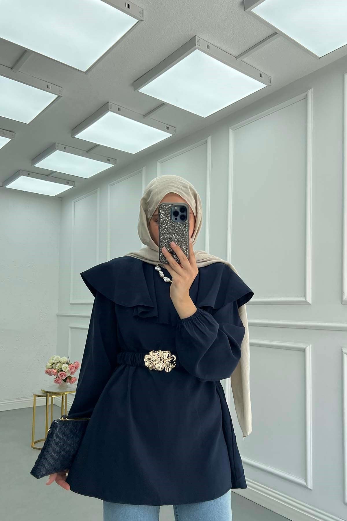 Bebe Yaka Detaylı Çiçek Toka Kemerli Modal Gömlek Lacivert