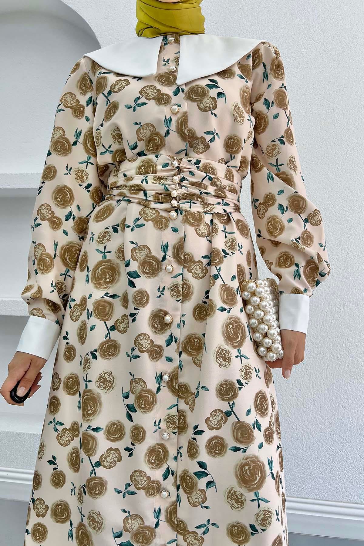 Bebe Yaka Gül Desenli Elbise Kahve