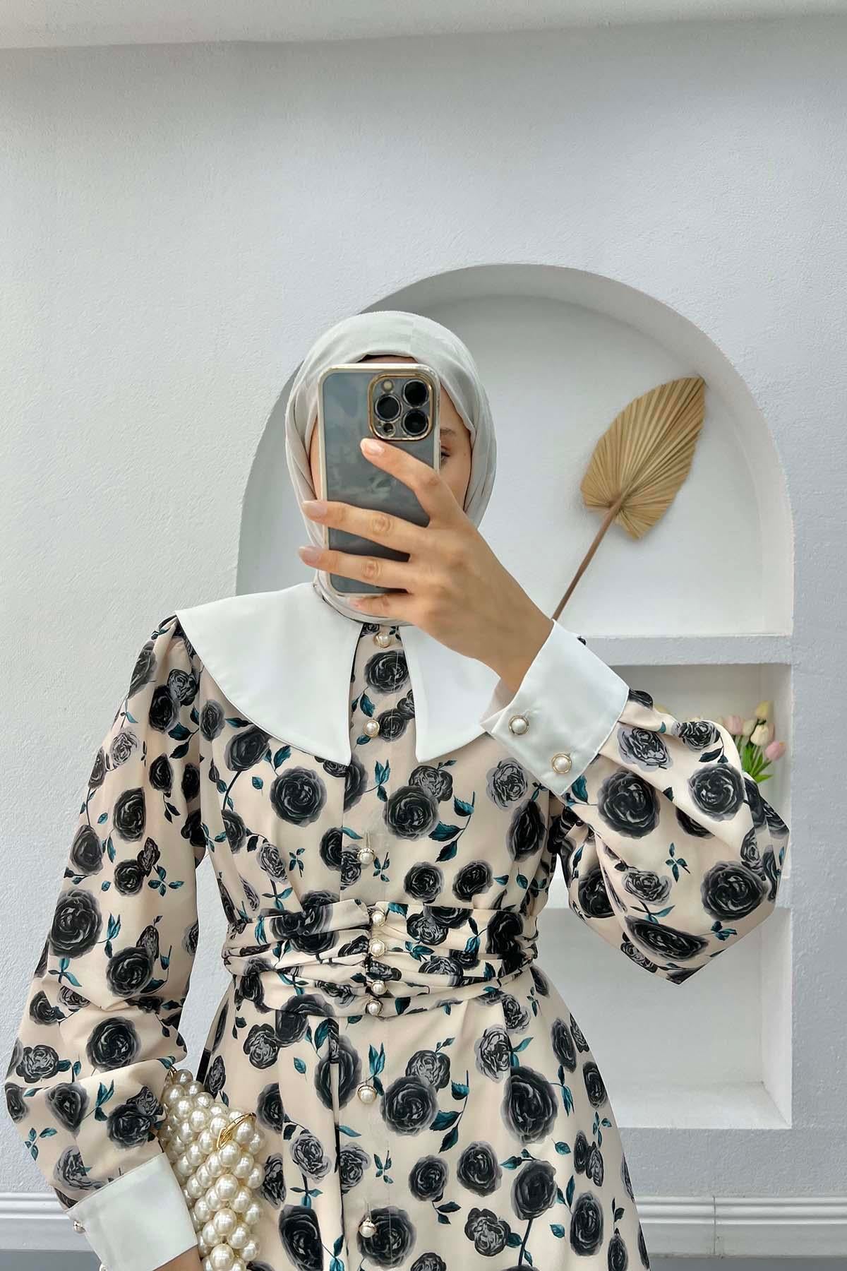 Bebe Yaka Gül Desenli Elbise Siyah