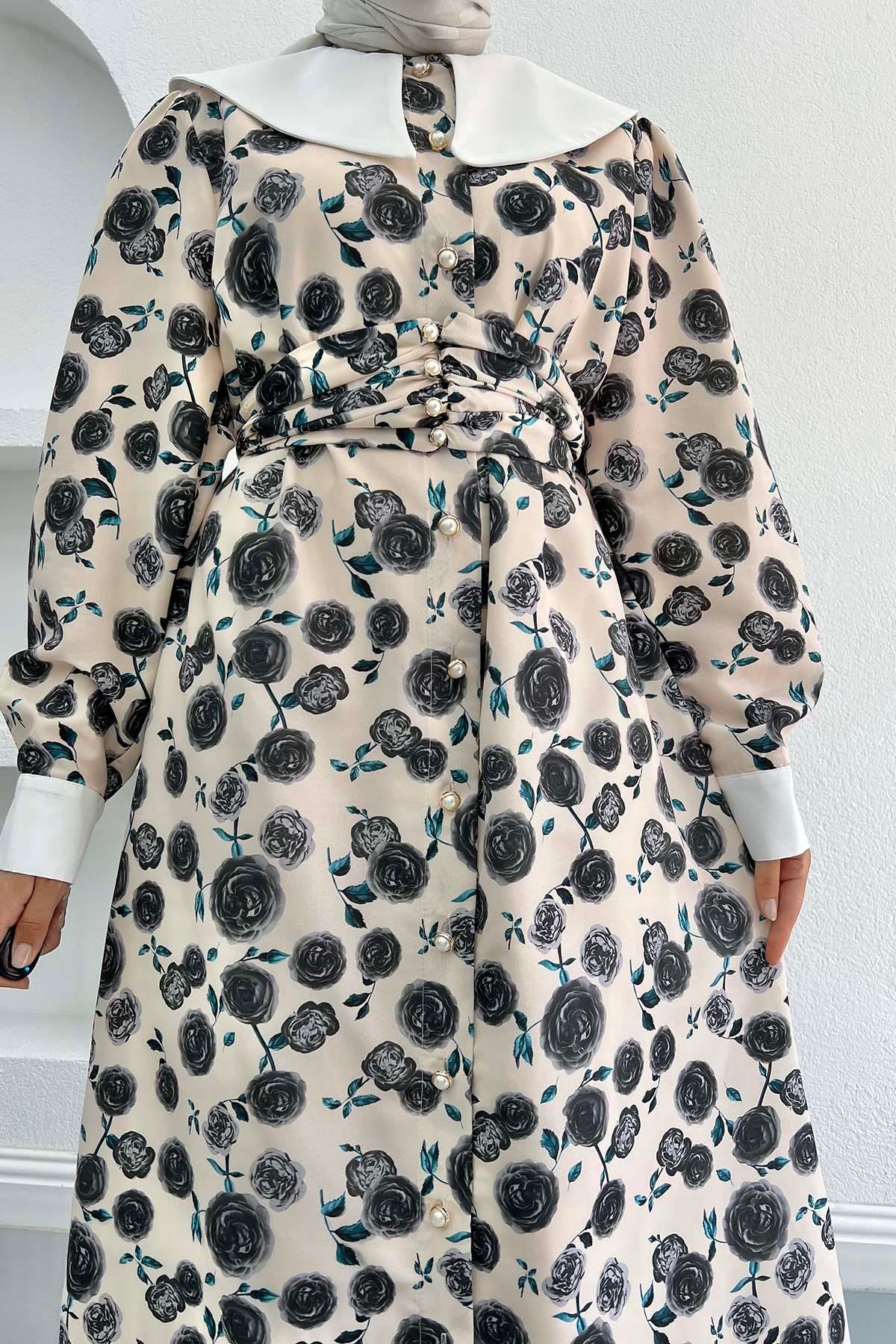 Bebe Yaka Gül Desenli Elbise Siyah