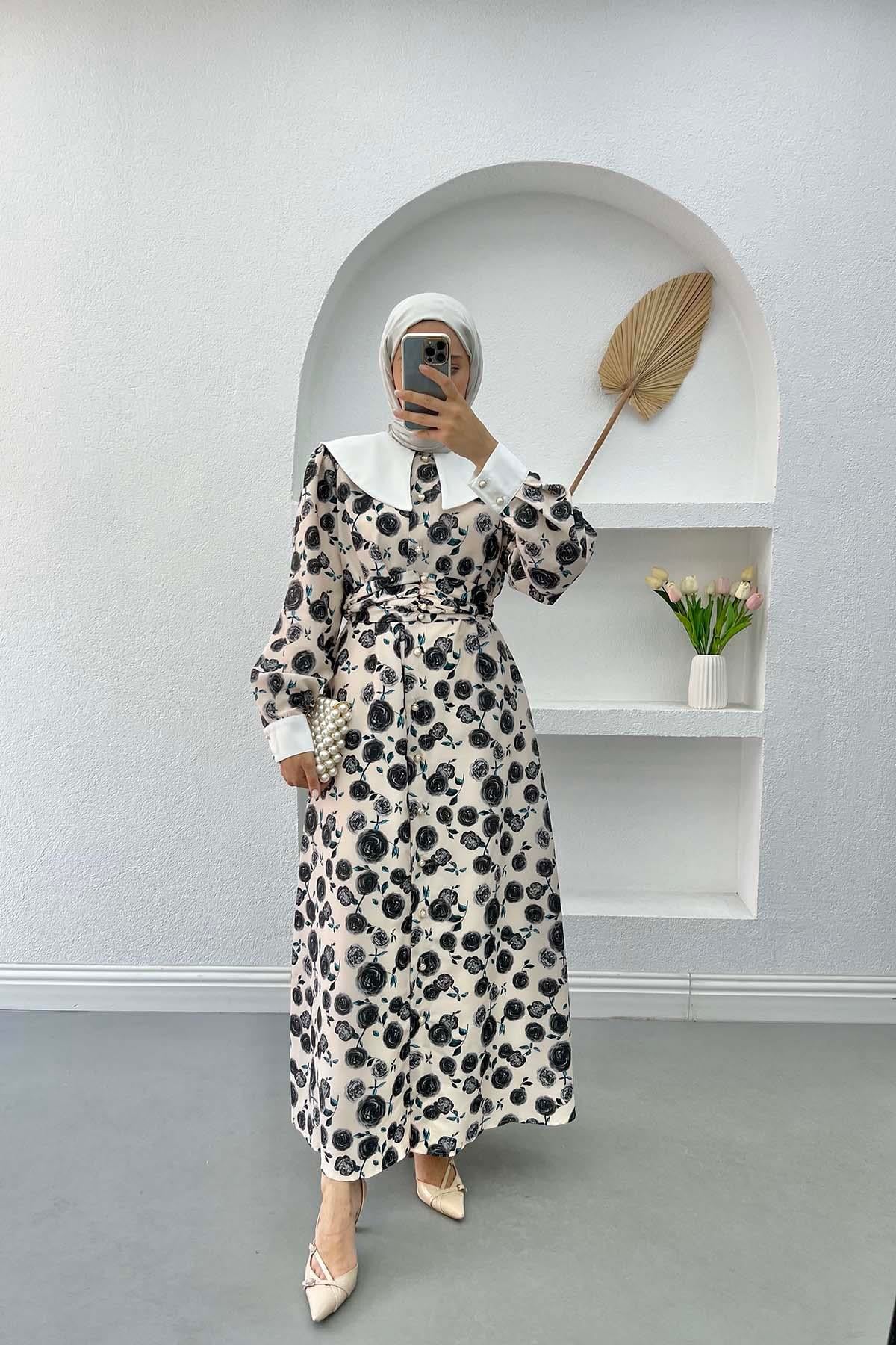 Bebe Yaka Gül Desenli Elbise Siyah