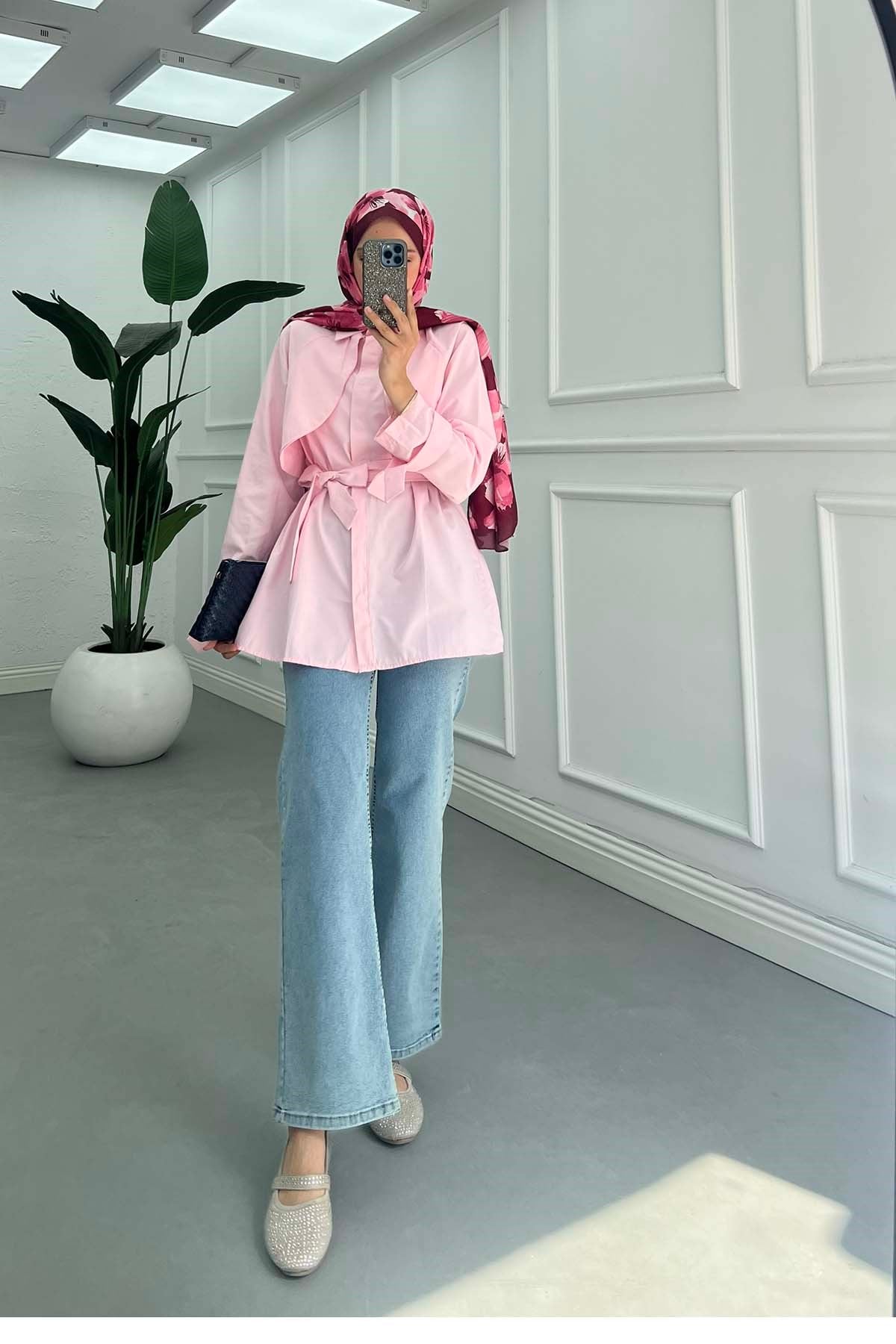 Bebe Yaka Kemerli Gömlek Pembe