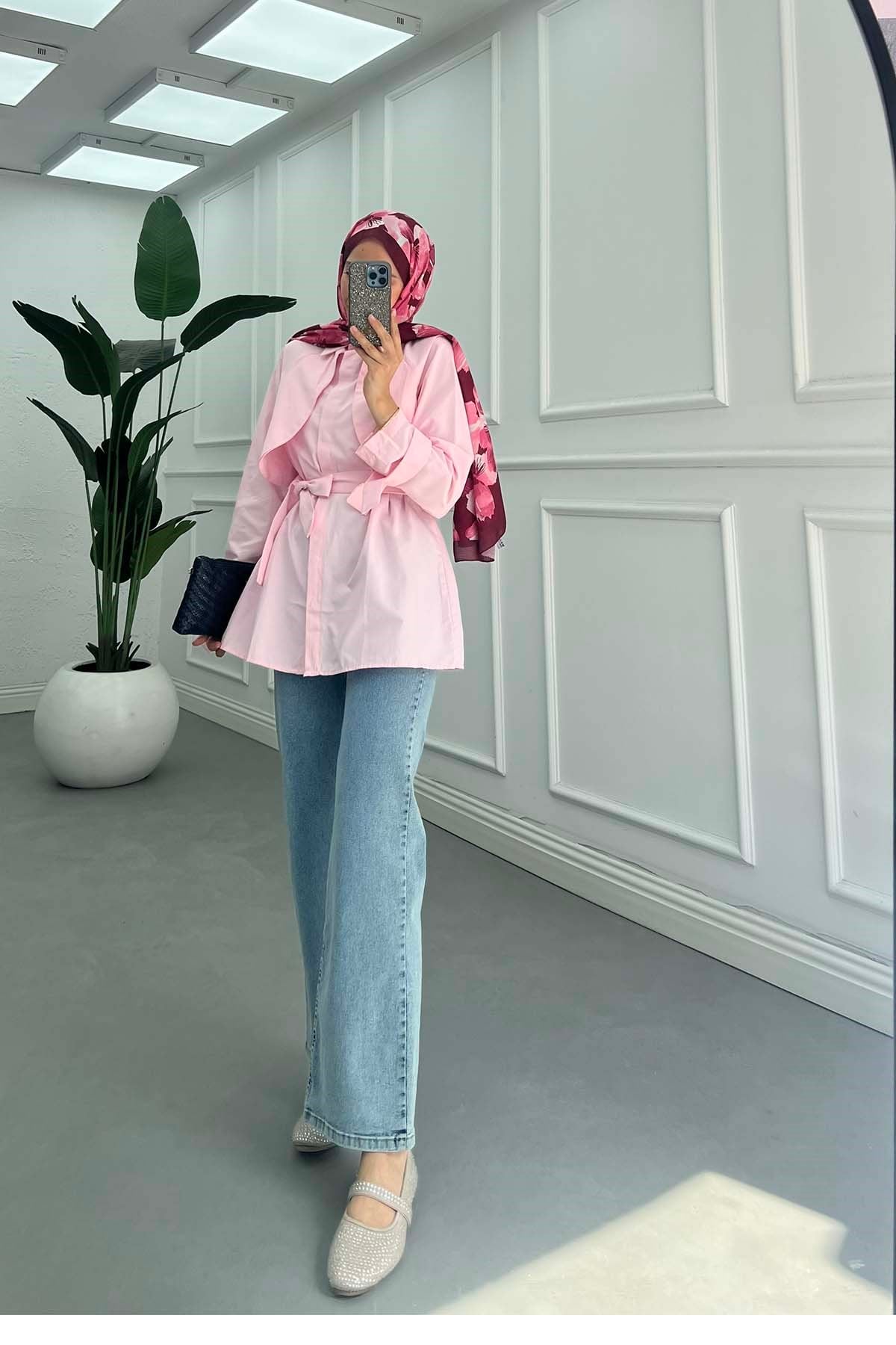 Bebe Yaka Kemerli Gömlek Pembe