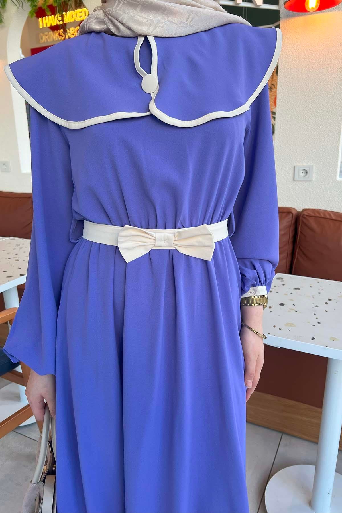 Bebe Yaka Kuşaklı Elbise Mor