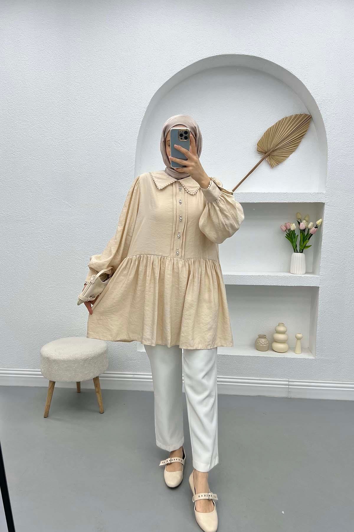 Bebe Yaka Taşlı Tunik Bej