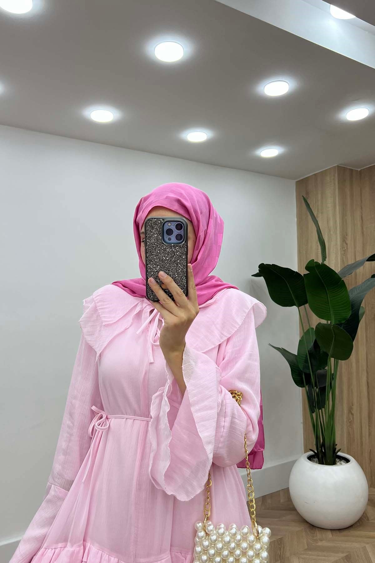 Bebek Yakalı Volanlı Uzun Elbise Pembe