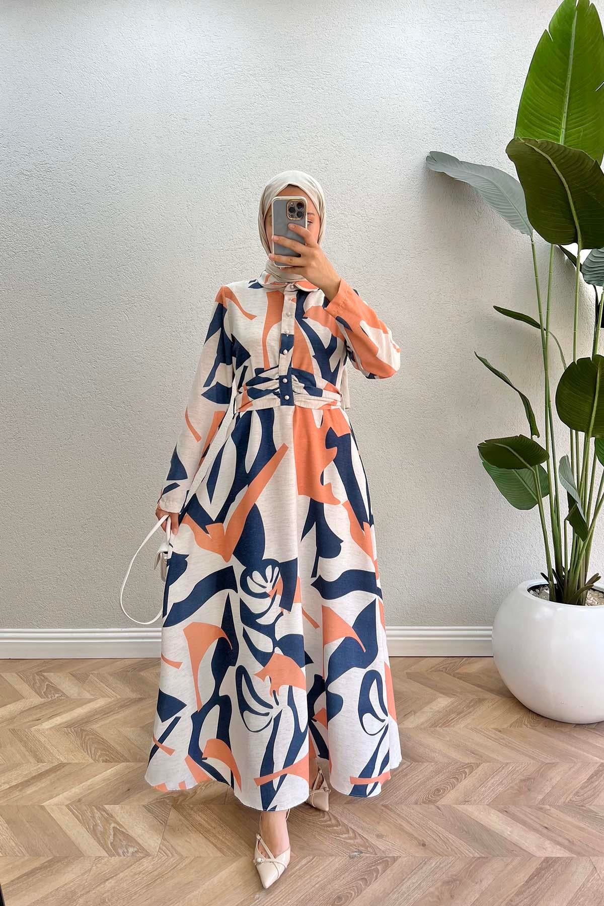 Bel Bağlamalı Desenli Elbise Lacivert