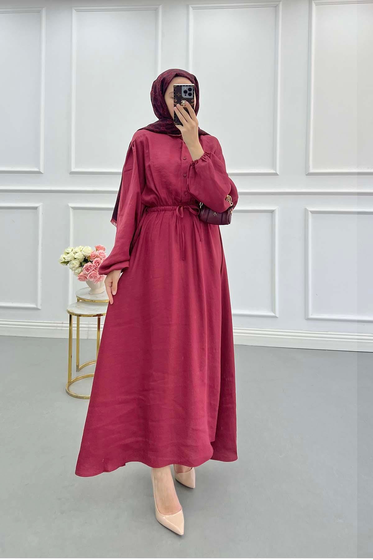 Bel Büzgülü Basic Elbise Bordo