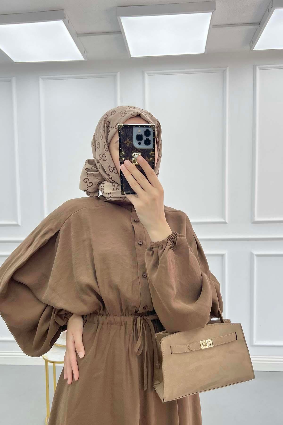 Bel Büzgülü Basic Elbise Kahve
