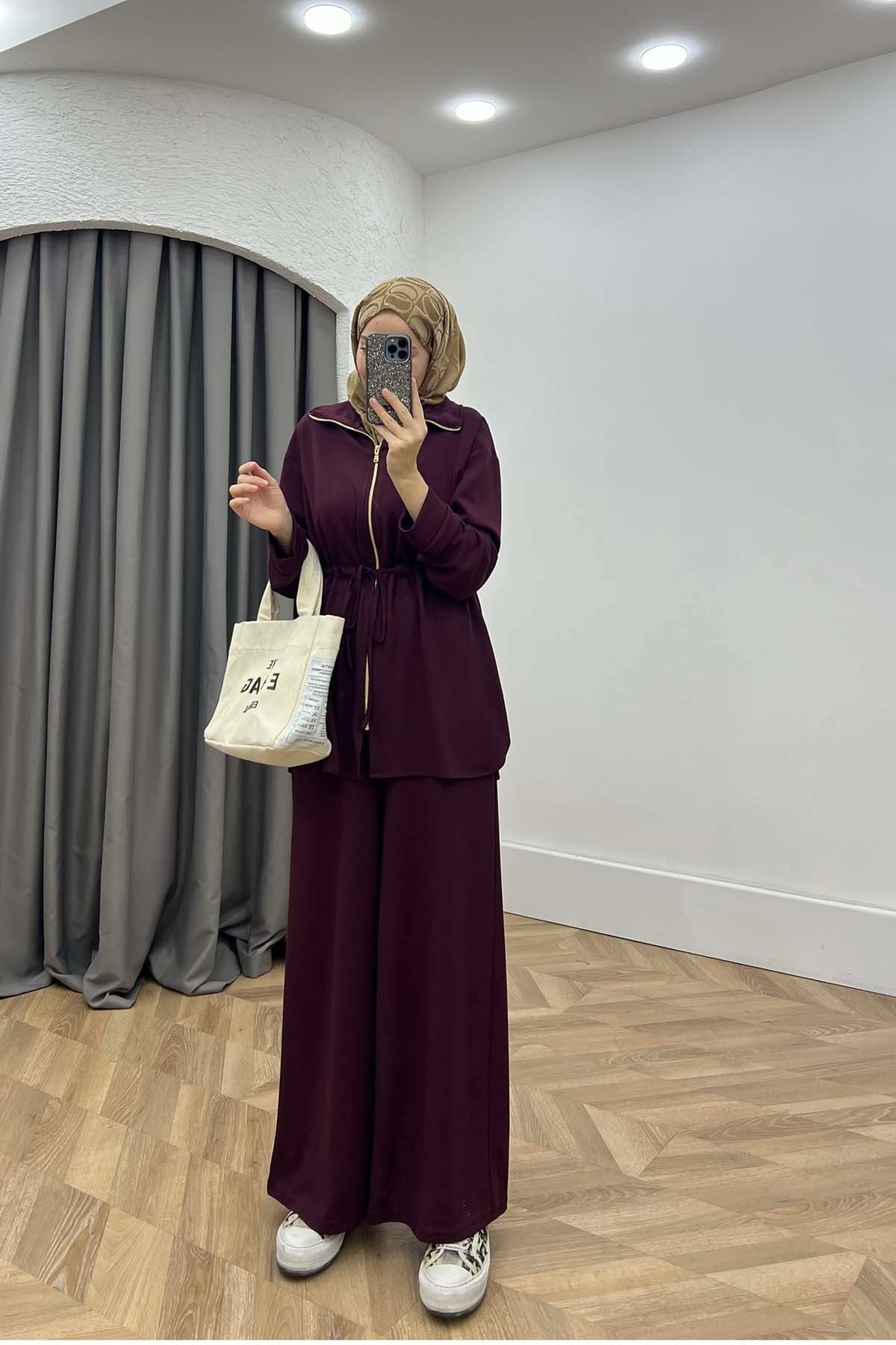 Bel Büzgülü Dik Yaka Takım Mürdüm