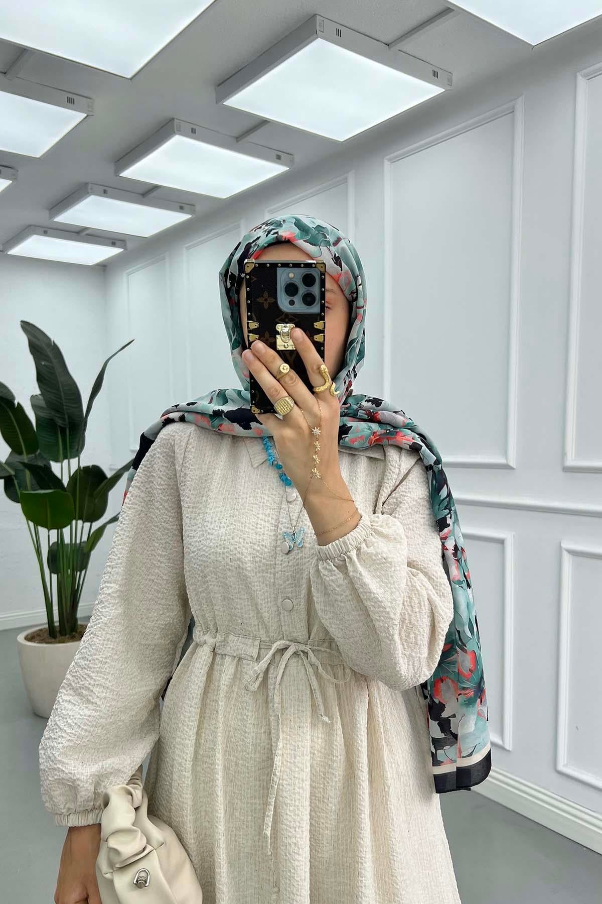 Bel Büzgülü Gofre Elbise Bej