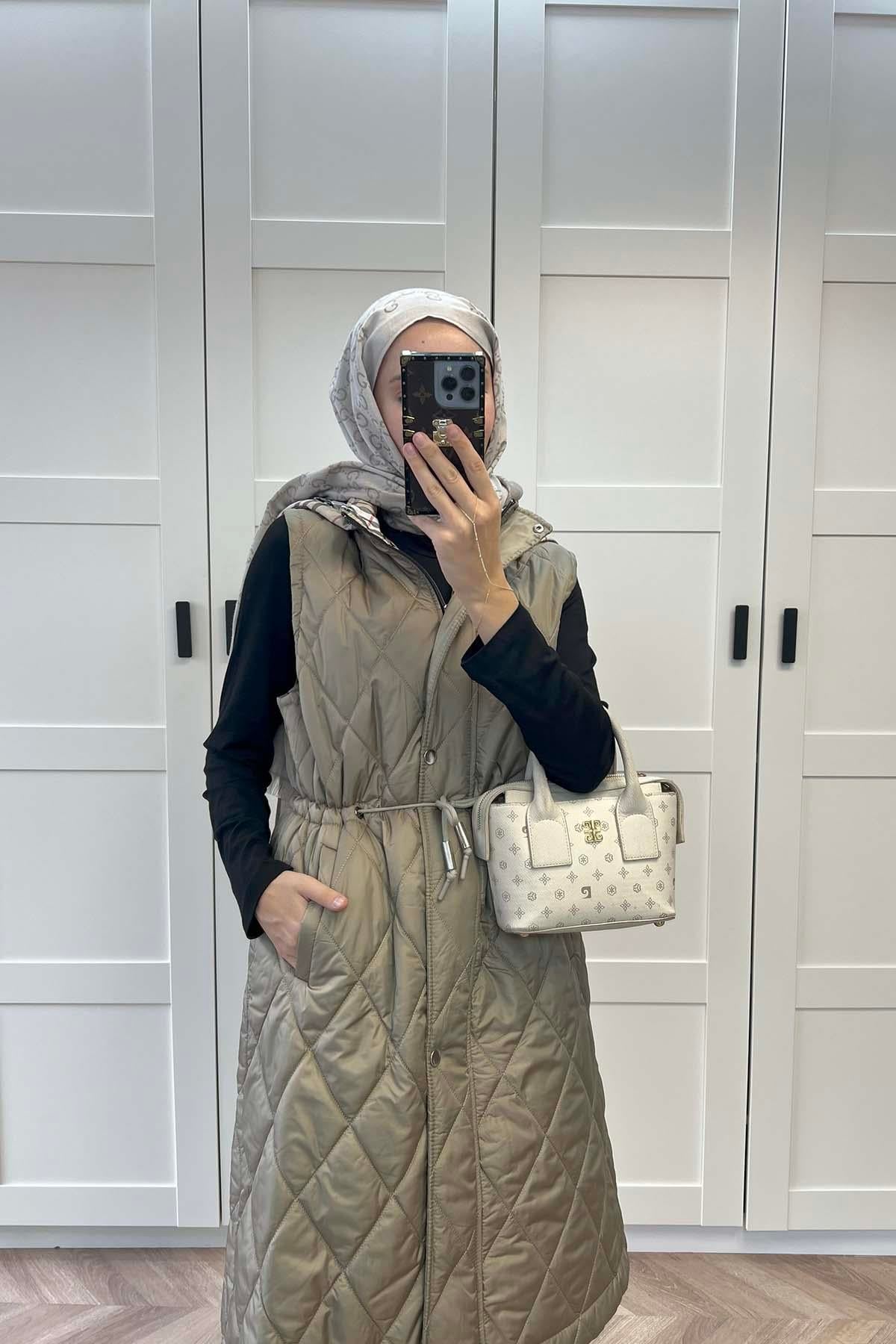Bel Büzgülü Kapitone Yelek Haki