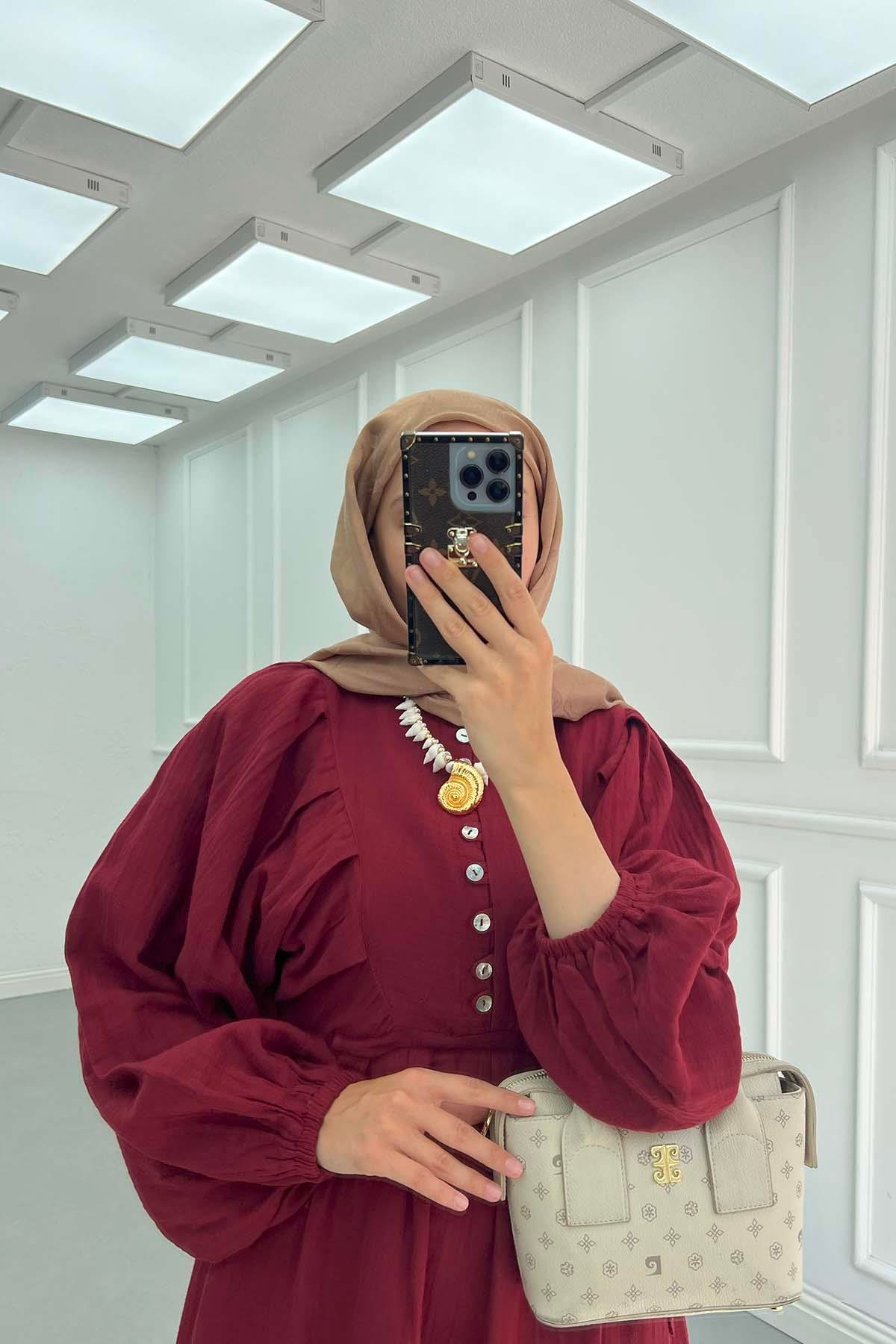 Bel Büzgülü Müslin Elbise Bordo