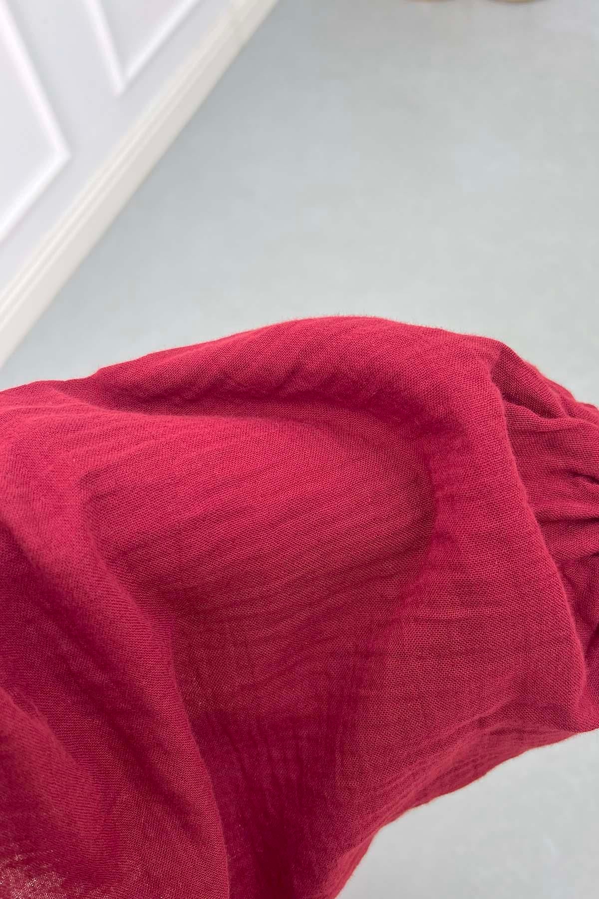 Bel Büzgülü Müslin Elbise Bordo