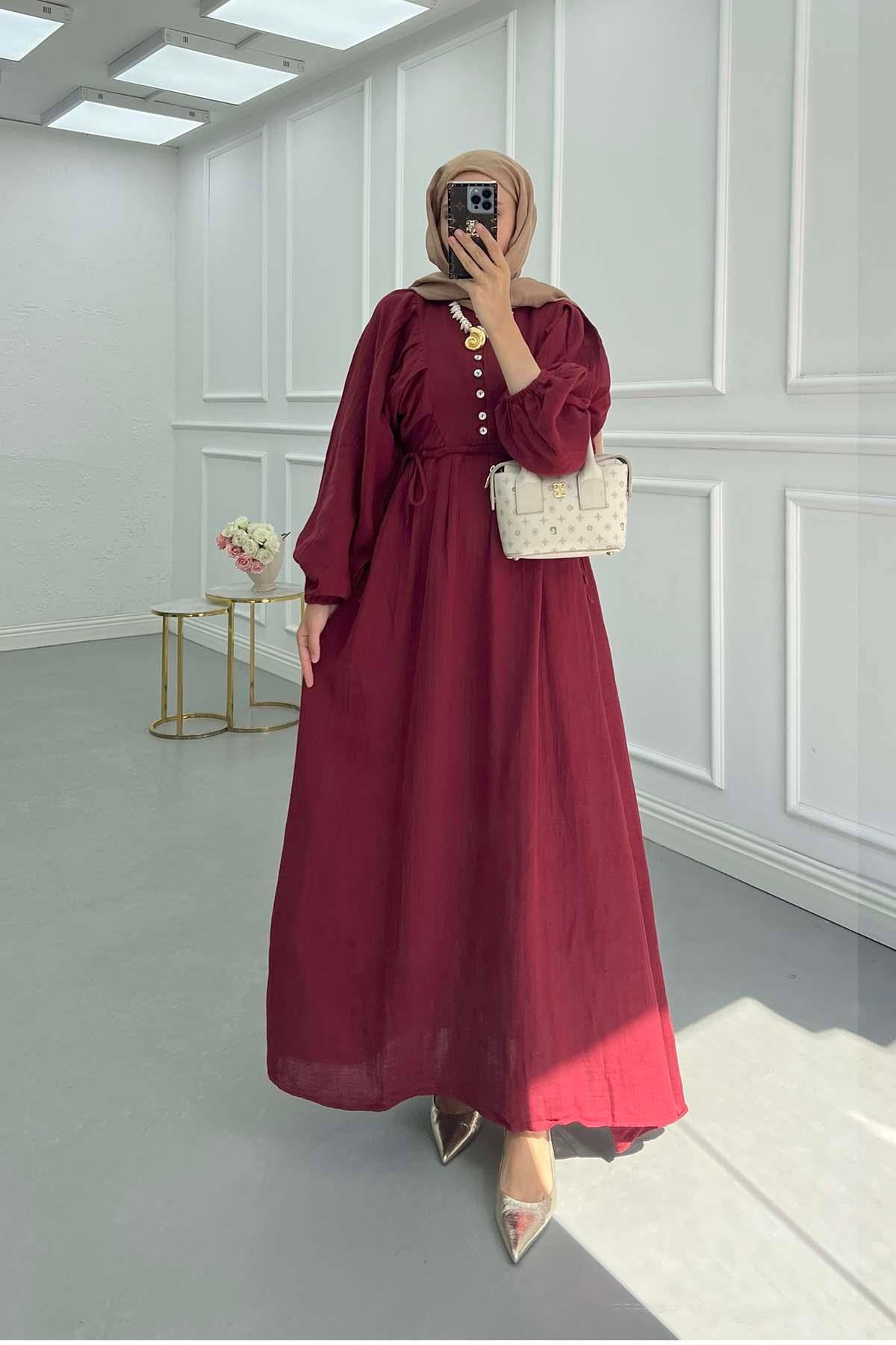 Bel Büzgülü Müslin Elbise Bordo