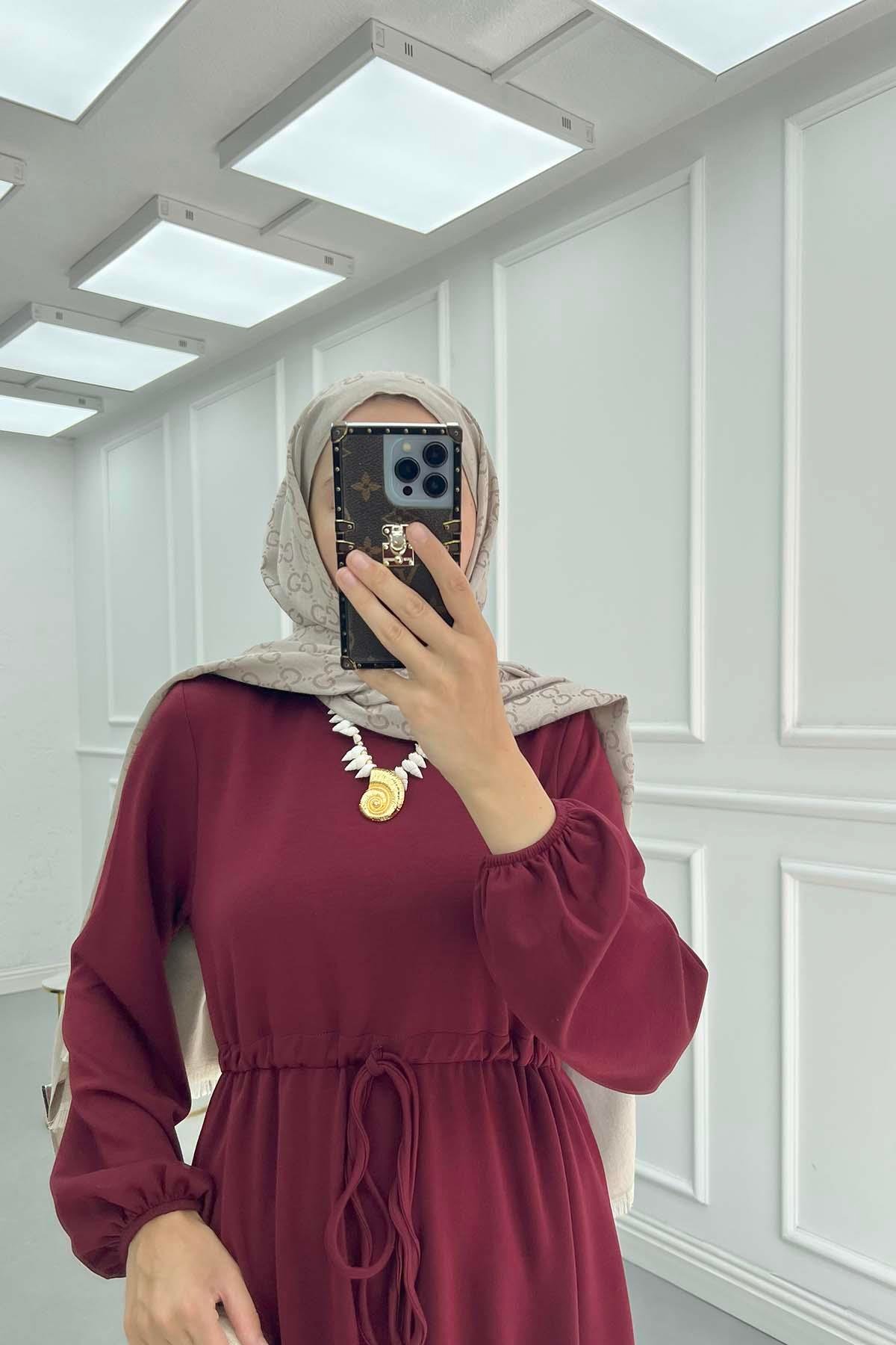 Bel Büzgülü Pamuklu Elbise Bordo