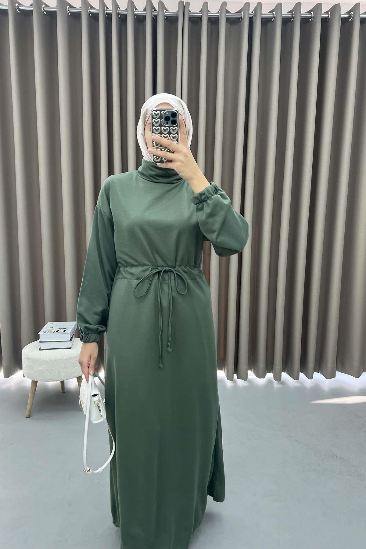 Bel Büzgülü Sweat Elbise Haki