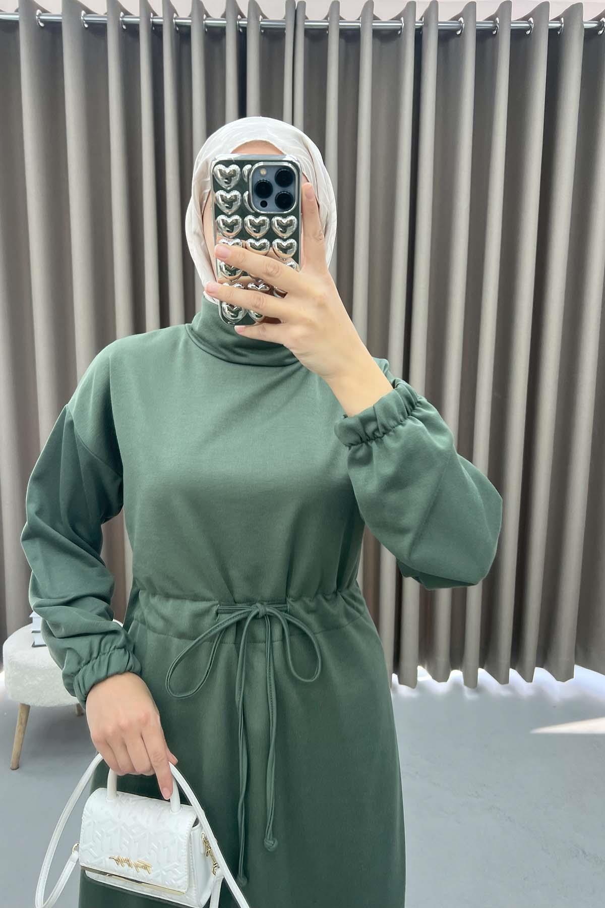 Bel Büzgülü Sweat Elbise Haki
