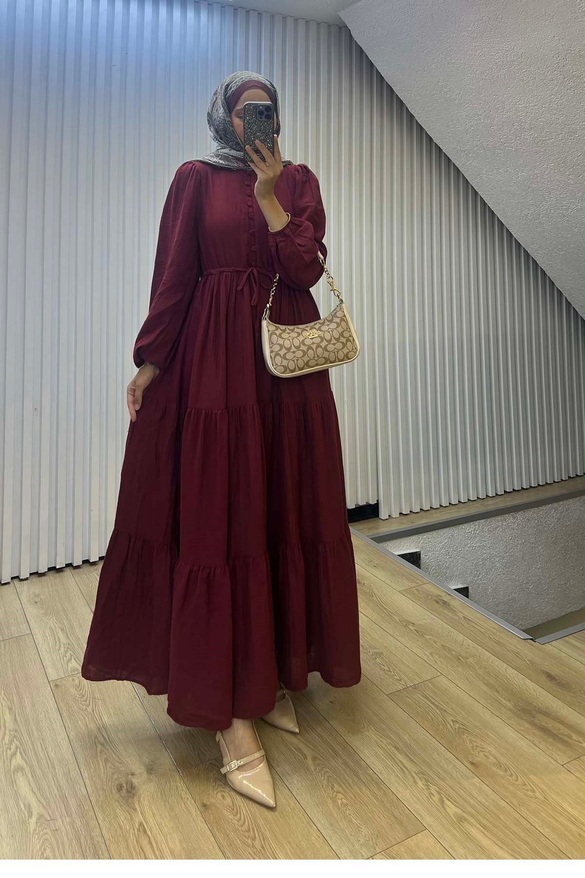 Bel Büzgülü Vintage Müslin Elbise Bordo