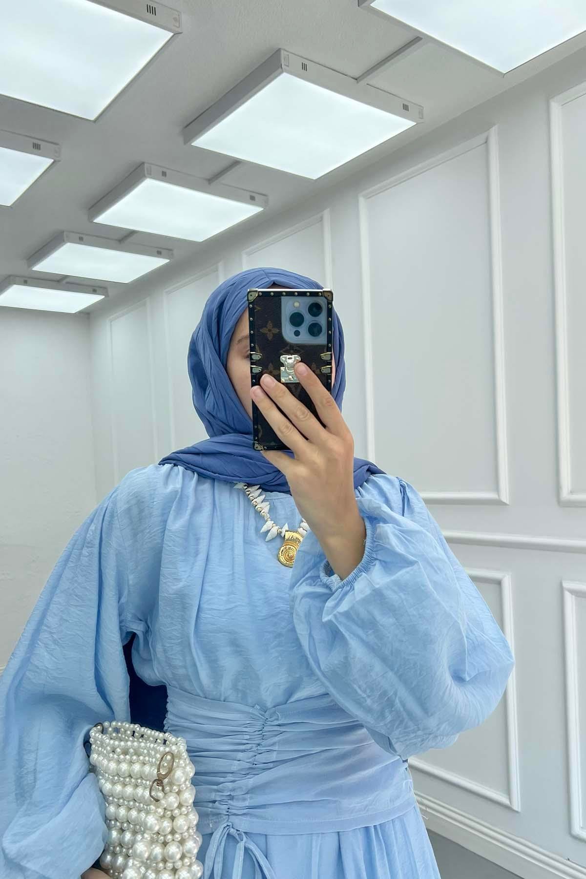 Bel Detaylı (Astarlı) Tül Elbise Bebe Mavi