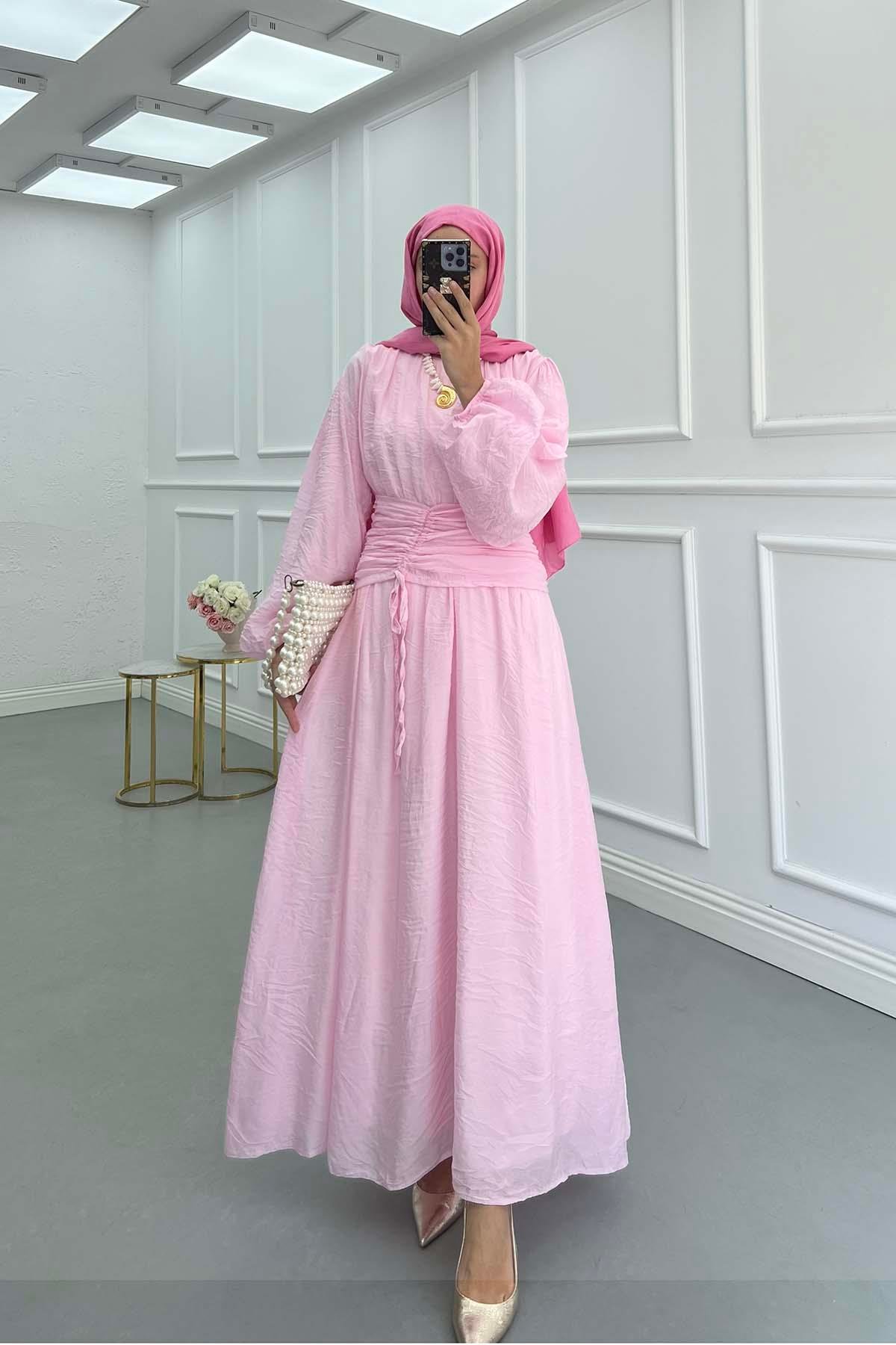 Bel Detaylı (Astarlı) Tül Elbise Pembe