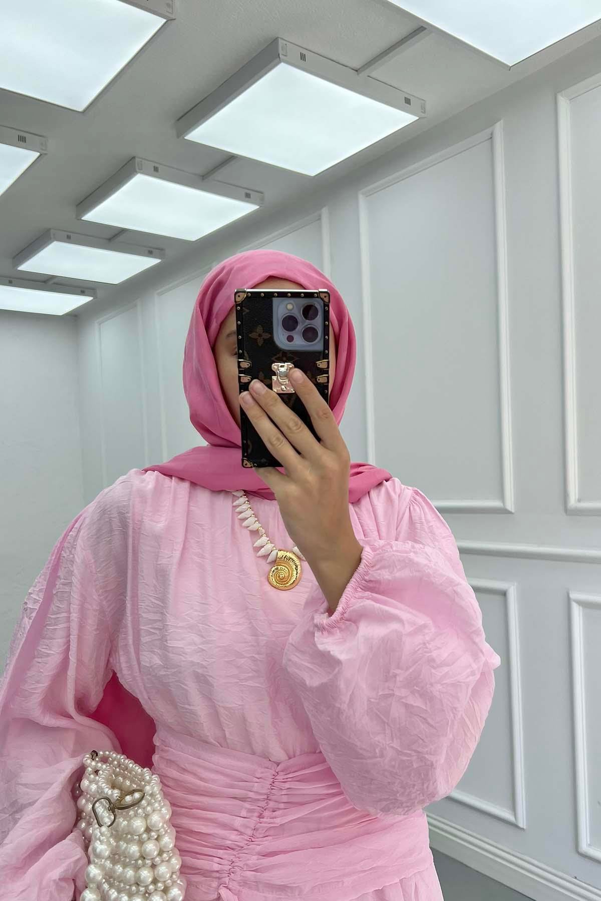 Bel Detaylı (Astarlı) Tül Elbise Pembe