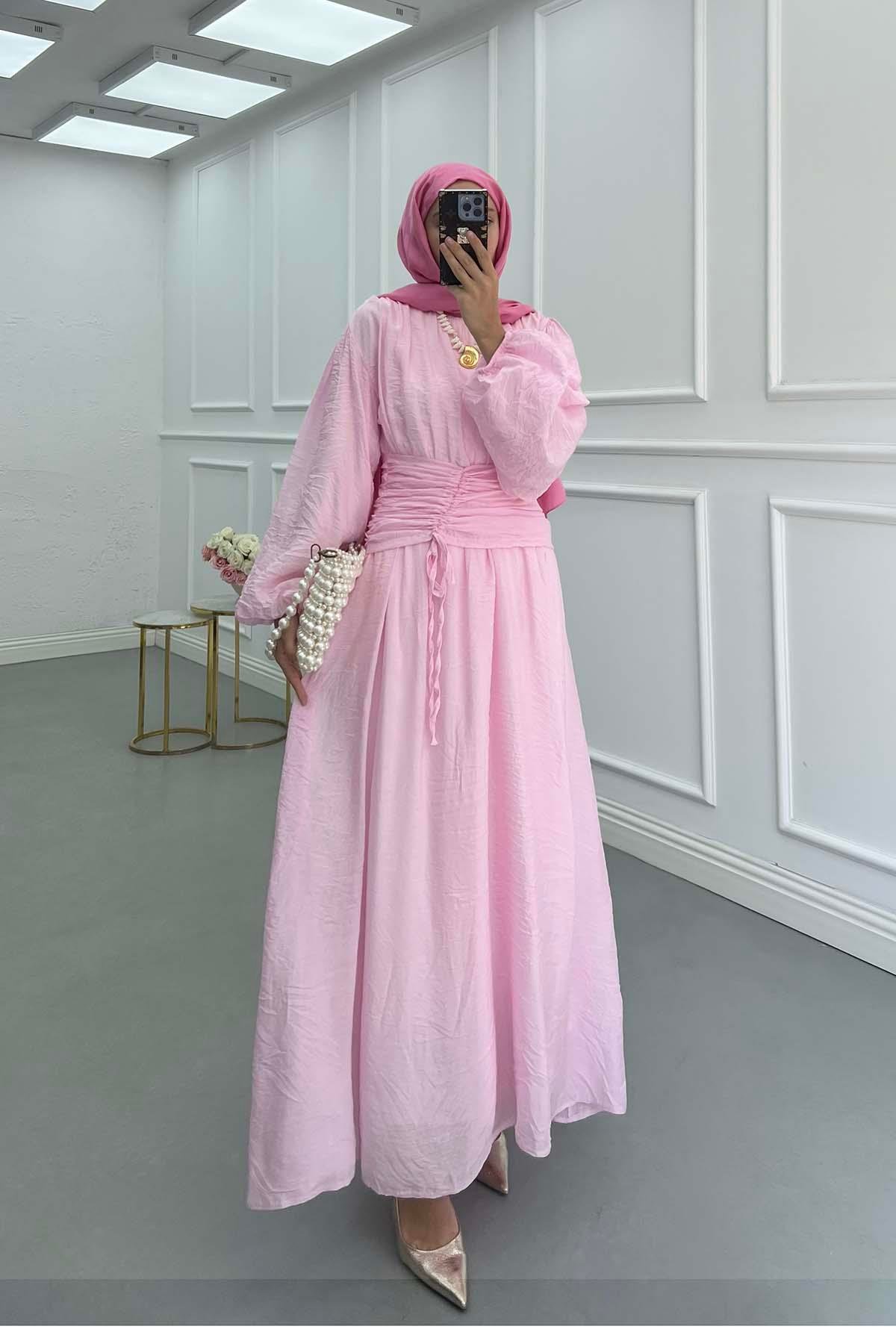 Bel Detaylı (Astarlı) Tül Elbise Pembe