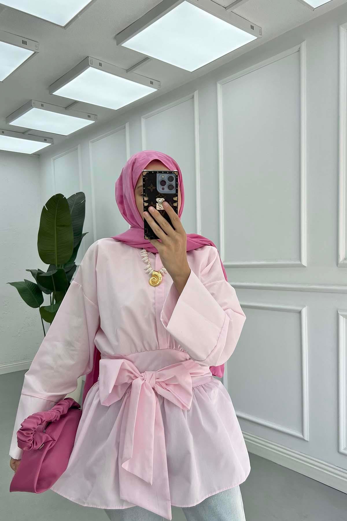 Bel Detaylı Bağlamalı Gömlek Pembe