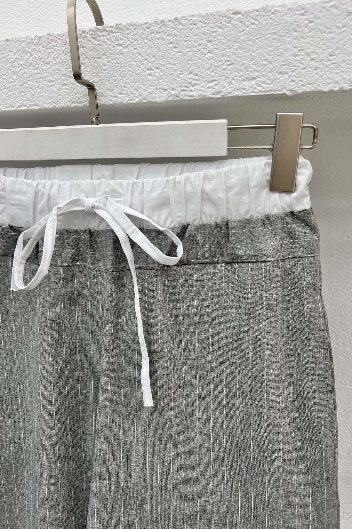 Bel Detaylı Çizgili Pantolon Gri