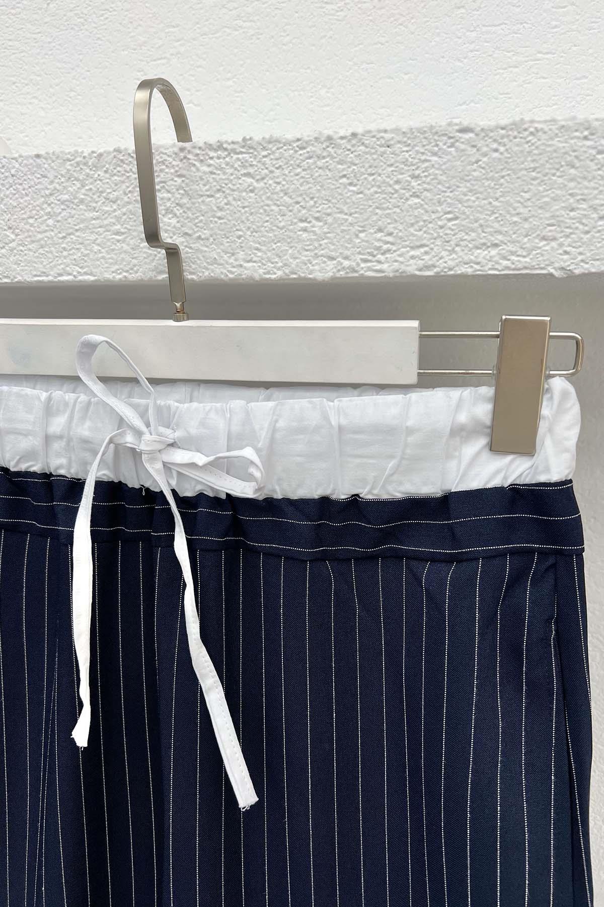 Bel Detaylı Çizgili Pantolon Lacivert