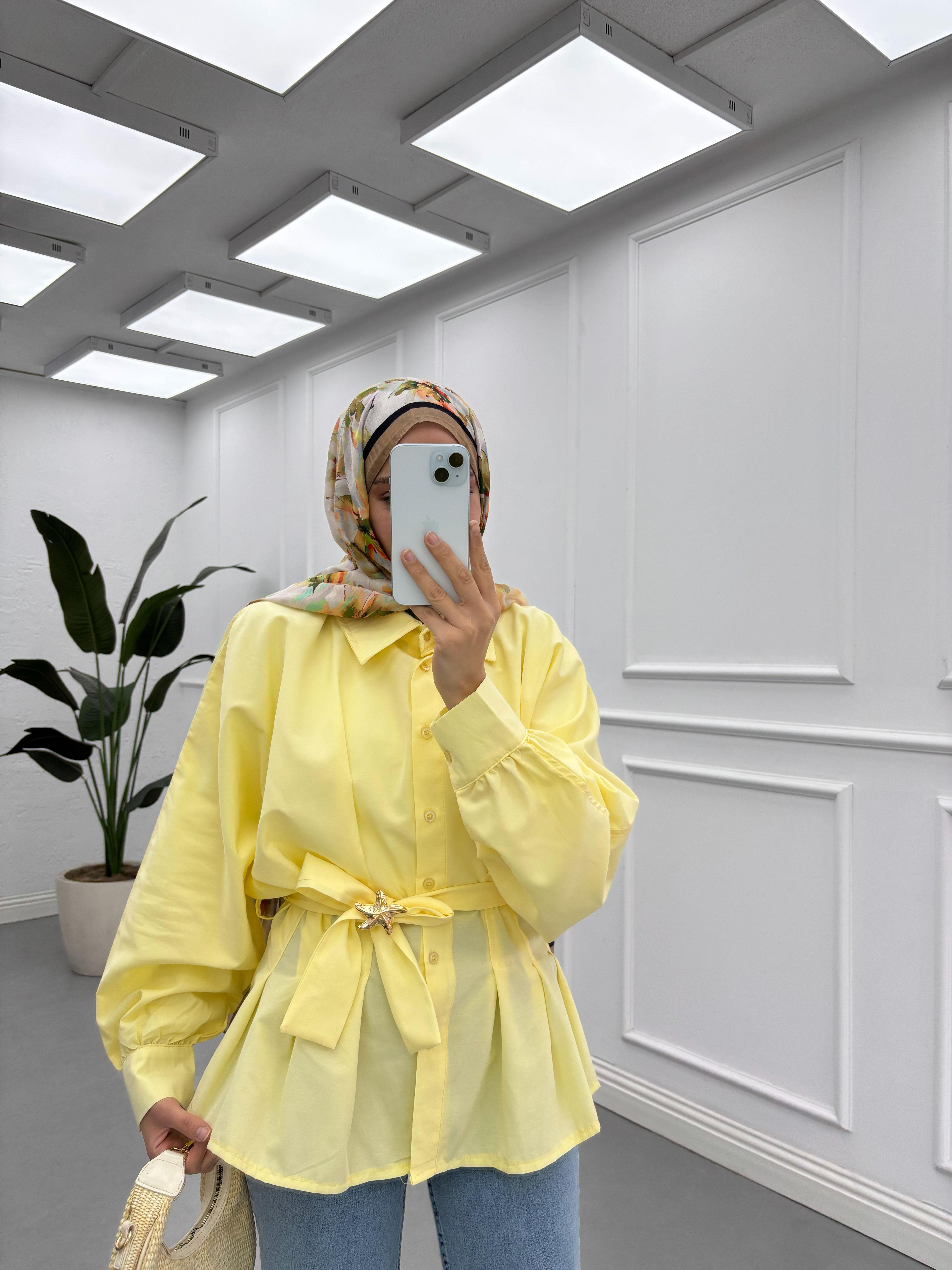 Bel Detaylı Kemerli Deniz Yıldızı Gömlek Limon-Sarı