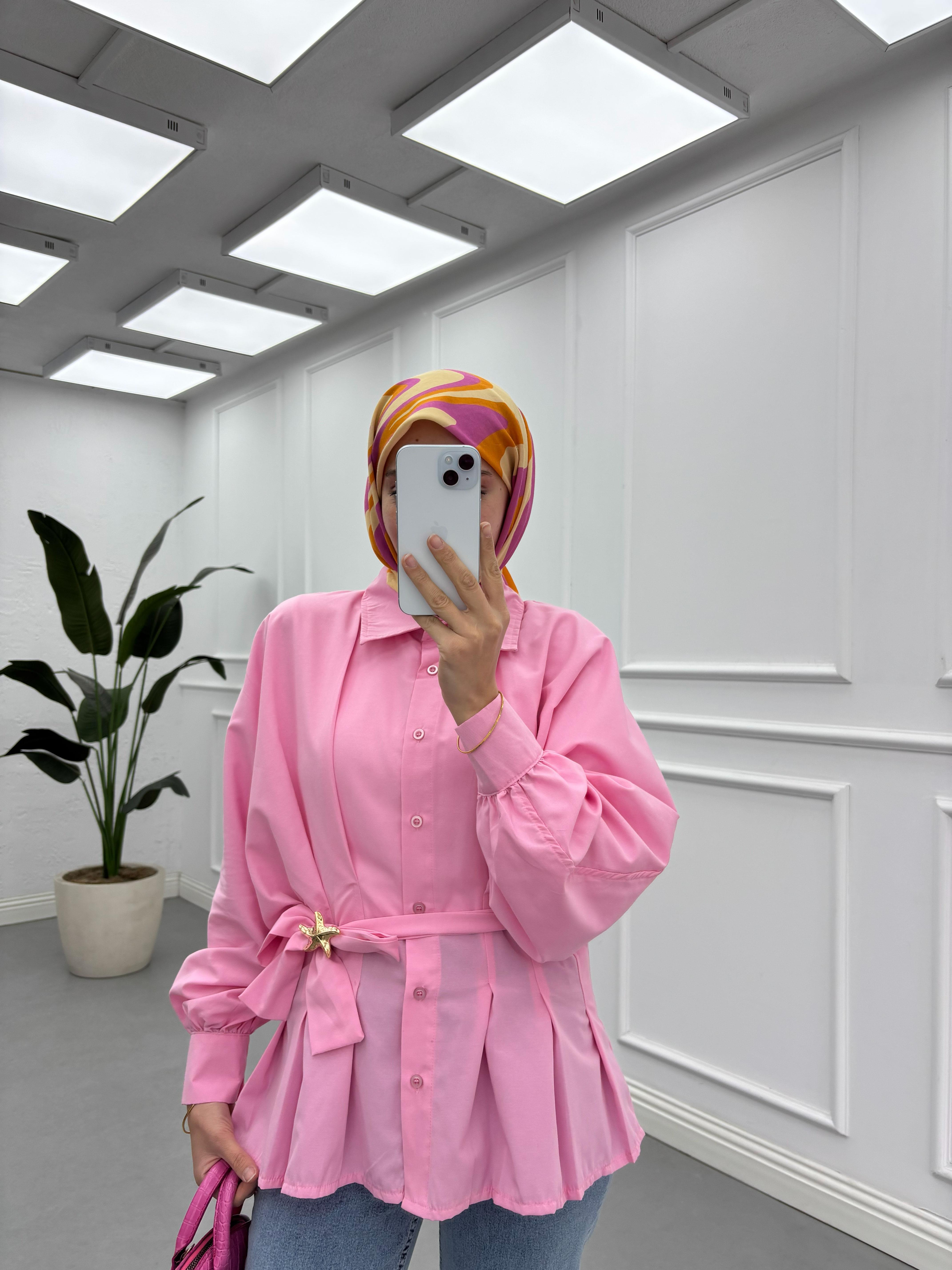Bel Detaylı Kemerli Deniz Yıldızı Gömlek Pembe
