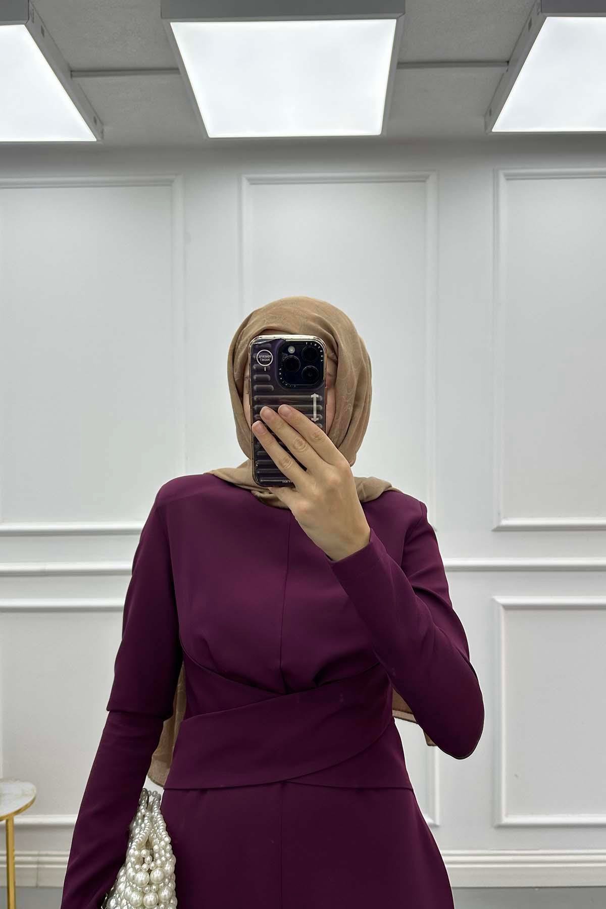 Bel Detaylı Krep Elbise Mürdüm