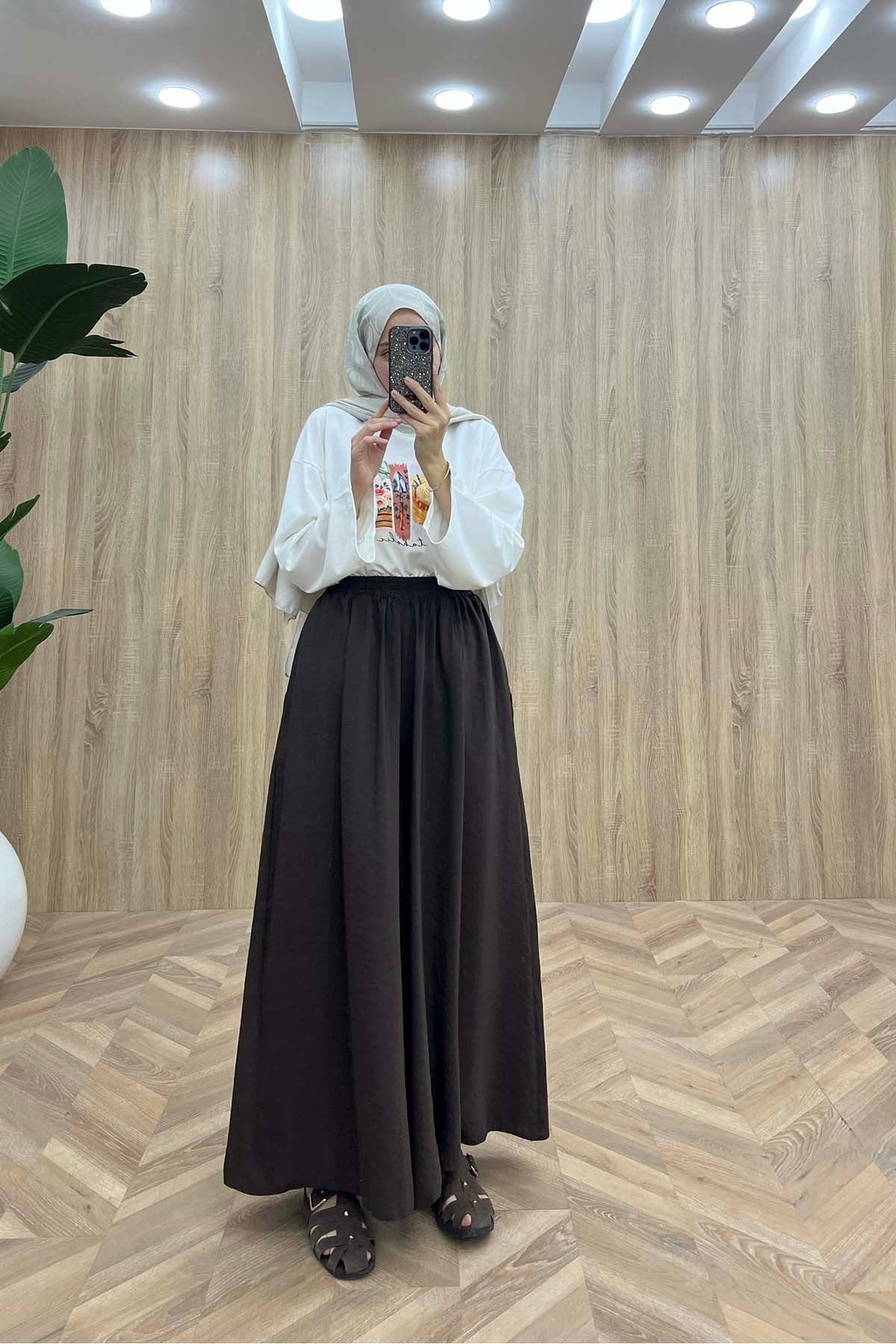 Bel Lastikli Dökümlü Modal Pantalon Kahve