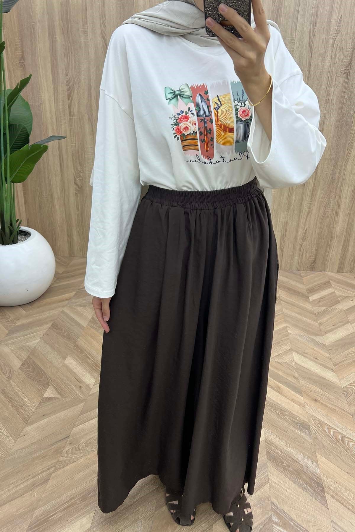 Bel Lastikli Dökümlü Modal Pantalon Kahve