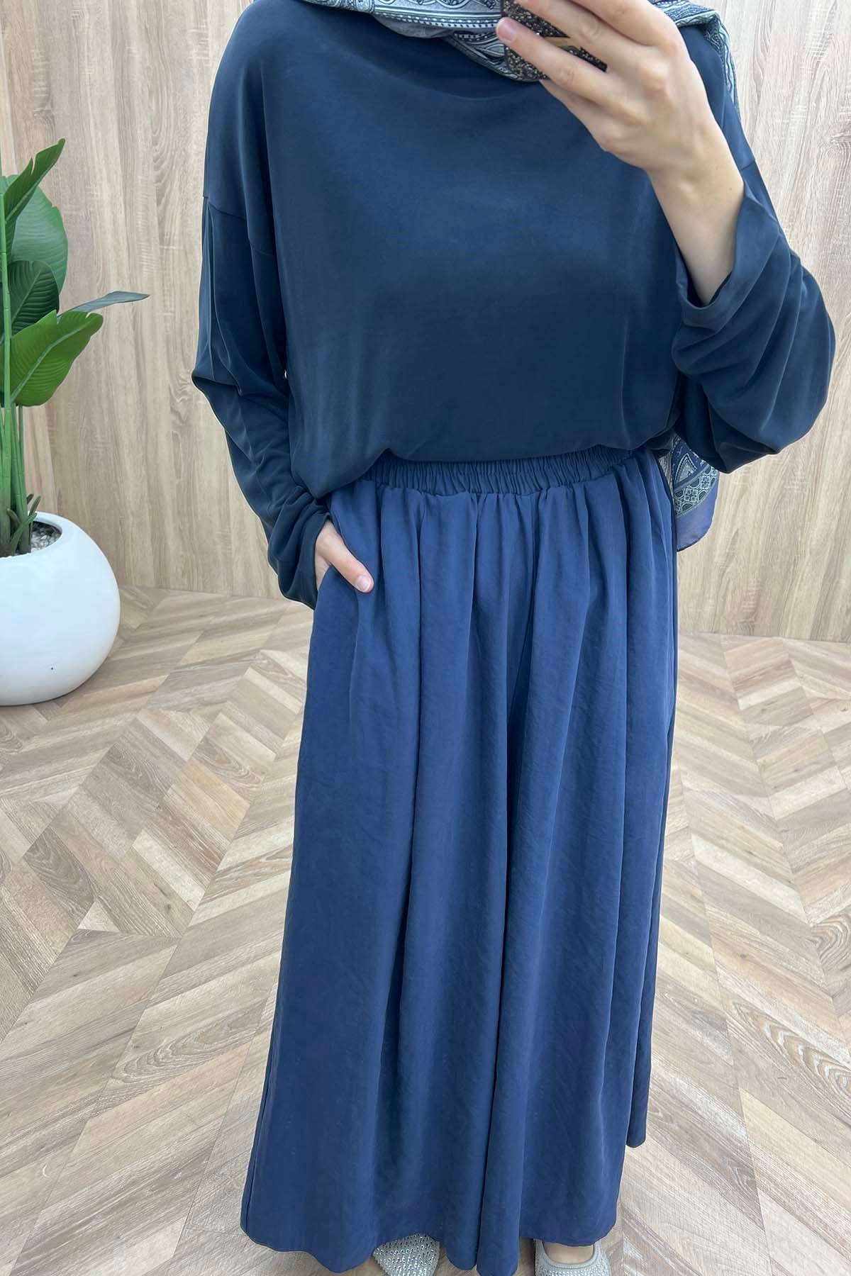Bel Lastikli Dökümlü Modal Pantalon Lacivert