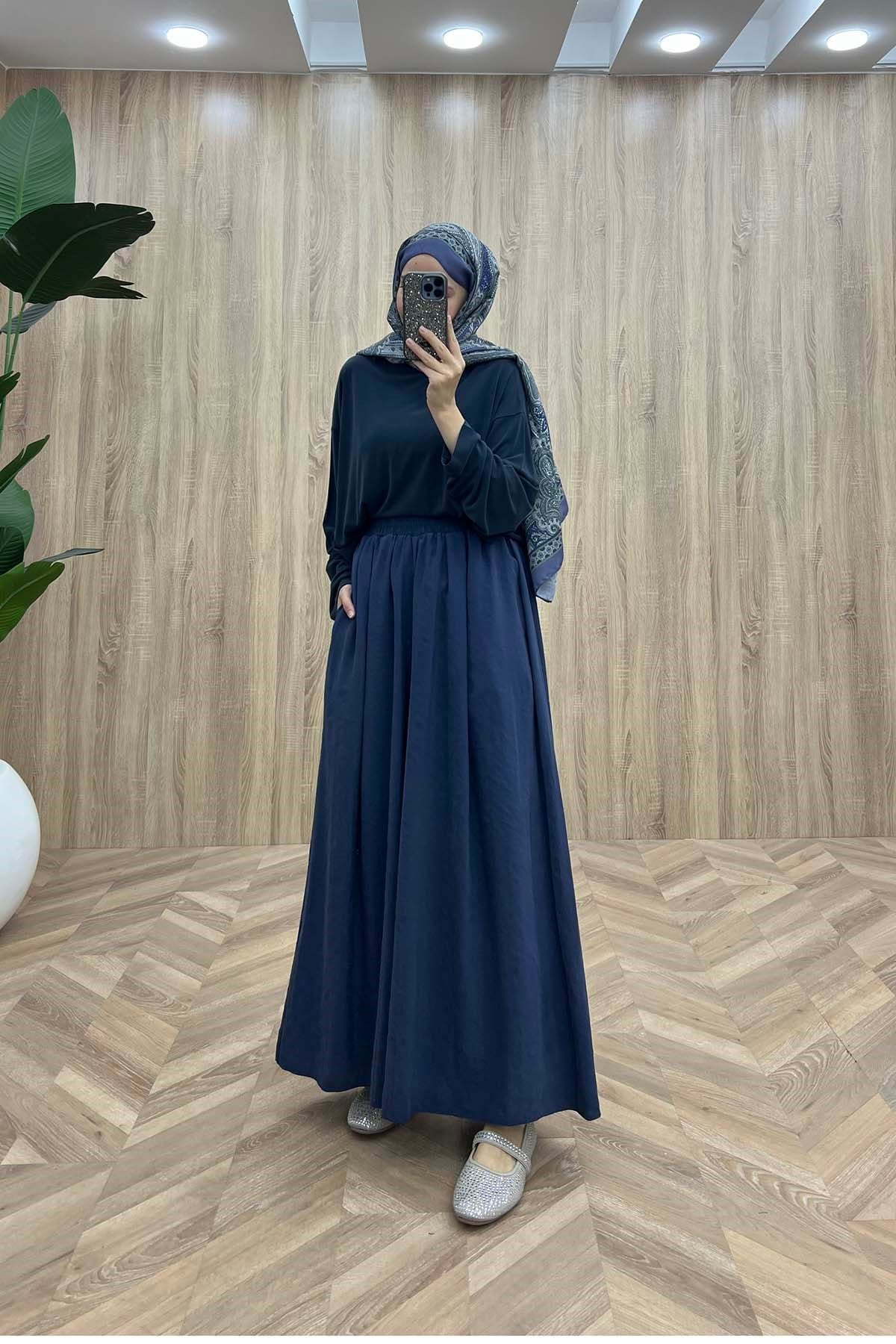 Bel Lastikli Dökümlü Modal Pantalon Lacivert