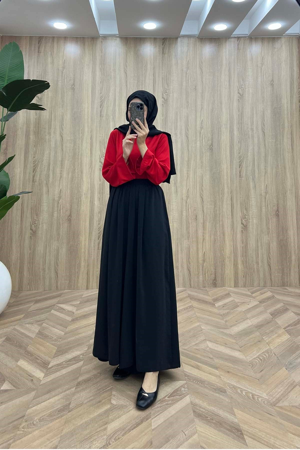 Bel Lastikli Dökümlü Modal Pantalon Siyah