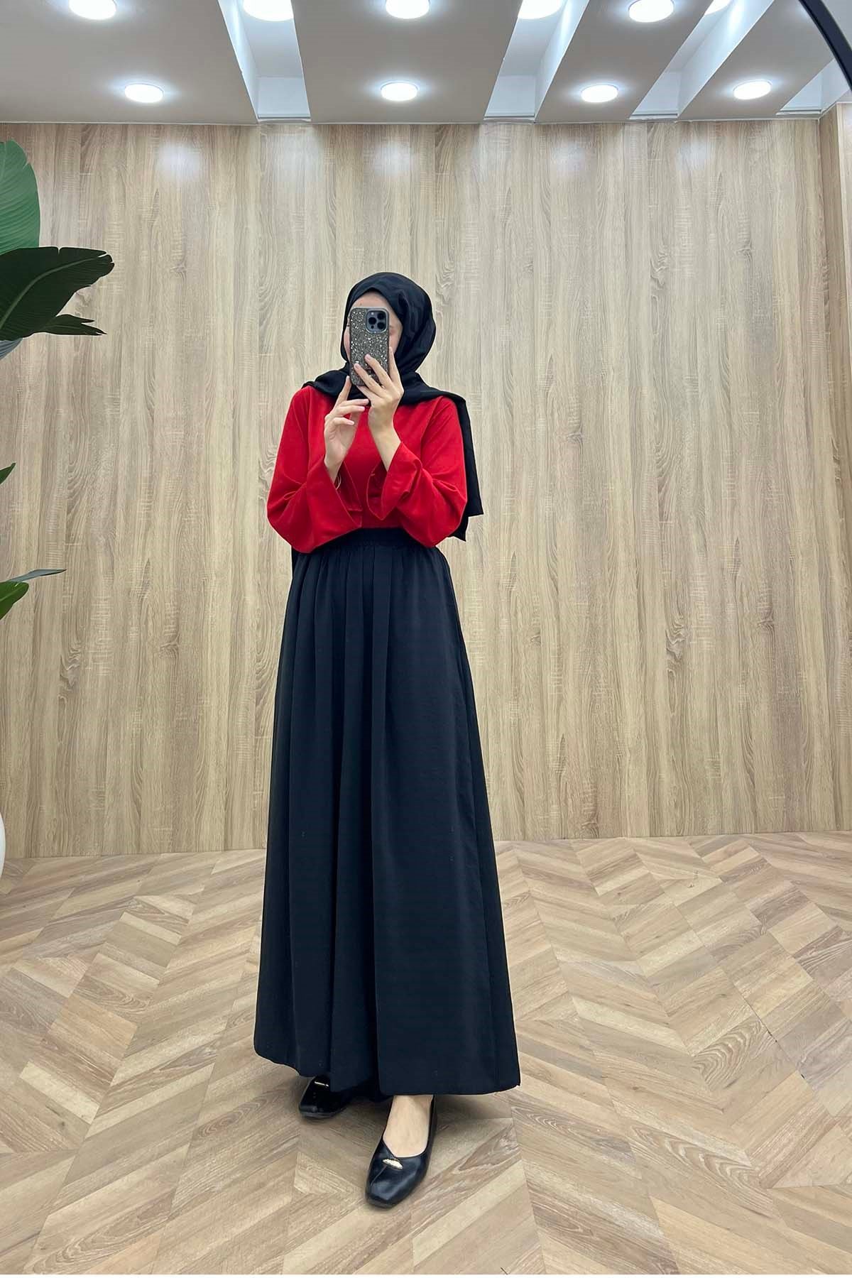 Bel Lastikli Dökümlü Modal Pantalon Siyah